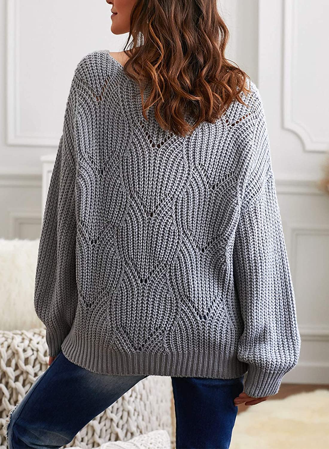 Dokotoo Womens Cute Soft Crewneck Long Sleeve Hollow Cable Knit Pullover Sweaters