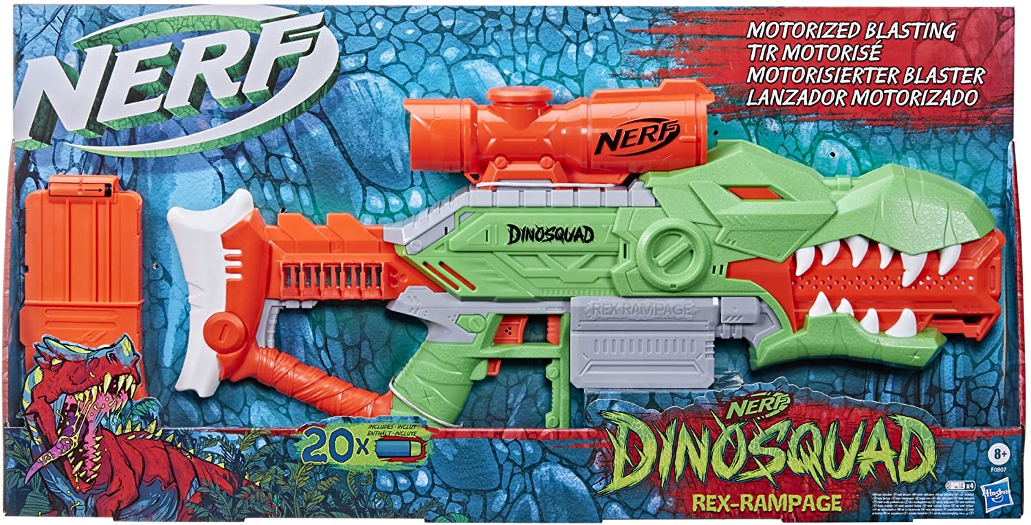 NERF DinoSquad Rex-Rampage Motorized Dart Blaster, 10-Dart Clip, 20 Official Darts, 10-Dart Storage- T-Rex Dinosaur Design