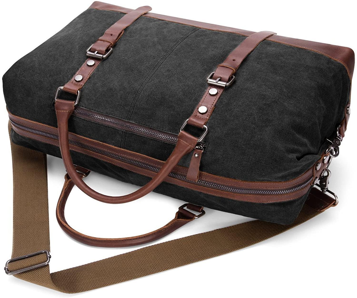 BAOSHA Canvas PU Leather Travel Tote Duffel Bag Carry on Bag Weekender Overnight Bag - JOY2ESpree
