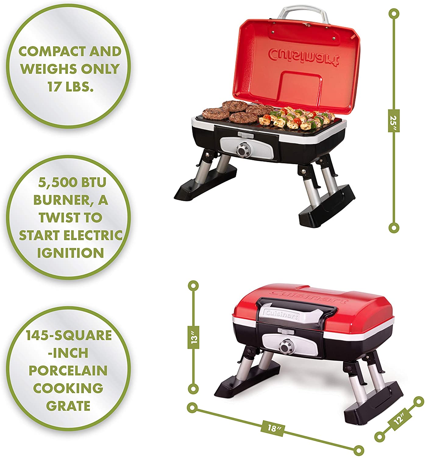 Cuisinart CGG-180T Petit Gourmet Portable Tabletop Propane Gas Grill, Red - JOY2ESpree