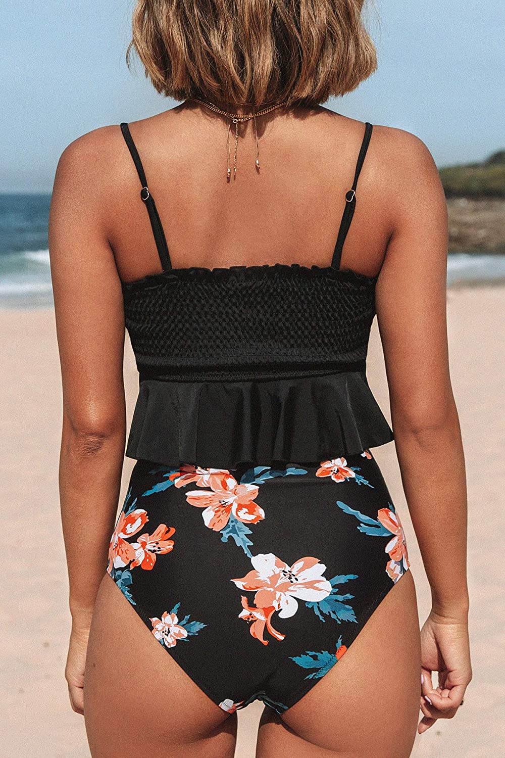 CUPSHE Women's High Waist Bikini Swimsuit Ruffle Smock Floral Print Two Piece Bathing Suit