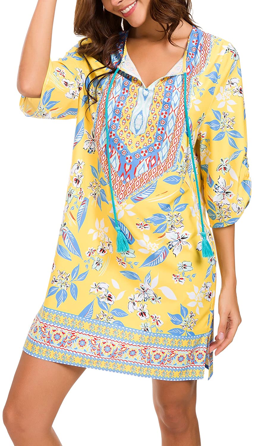 Women Bohemian Neck Tie Vintage Printed Ethnic Style Summer Shift Dress