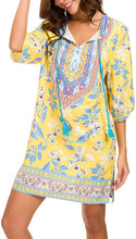 
                        
                          Load image into Gallery viewer, Women Bohemian Neck Tie Vintage Printed Ethnic Style Summer Shift Dress
                        
                      