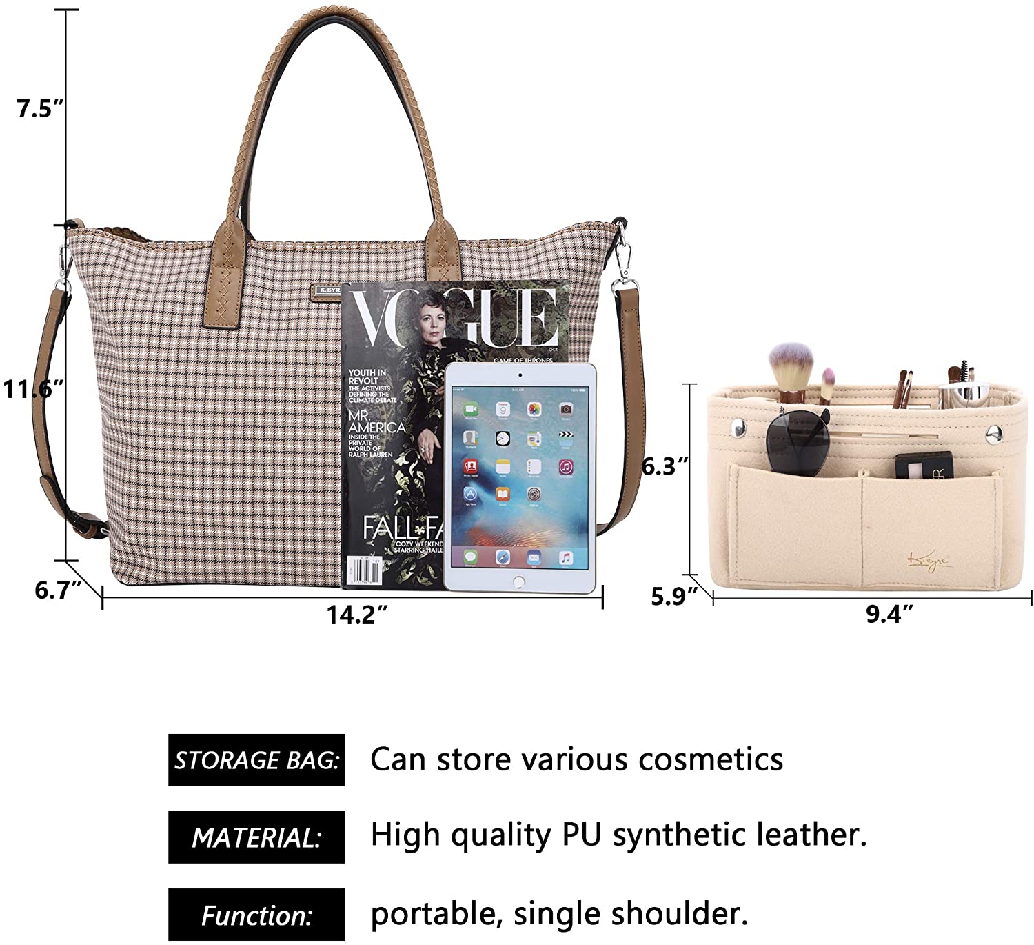 K.EYRE Women's Soft Faux Leather Tote Bag Purse Handbags Wallet Tote Shoulder Bag Purse Large Capacity