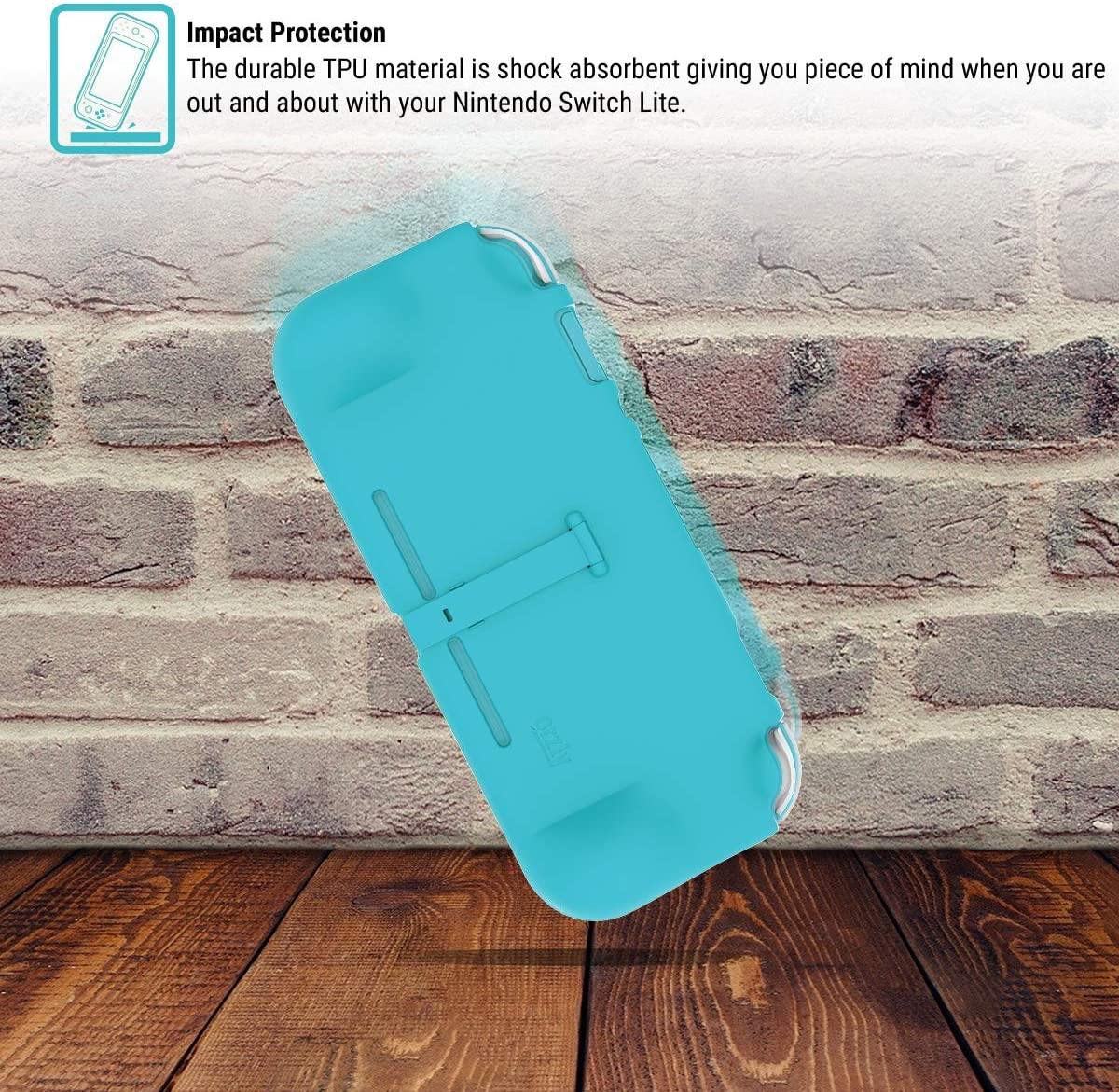 Orzly Grip Case for Nintendo Switch Lite – Case with Comfort Padded Hand Grips, Kickstand, Pack of Thumb Grips - Turquoise Blue - JOY2ESpree