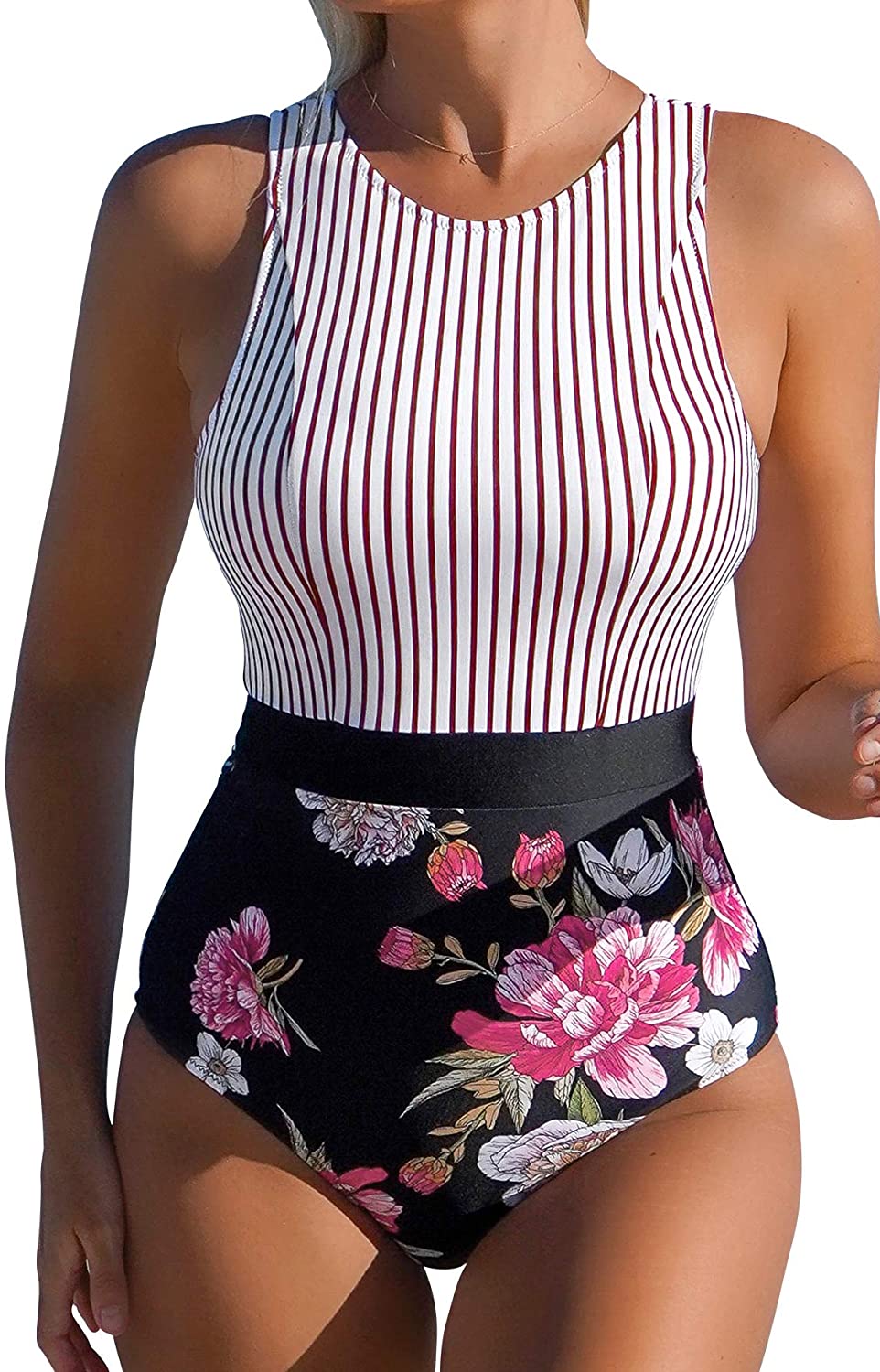 CUPSHE Women's Striped Leafy One Piece Swimsuit