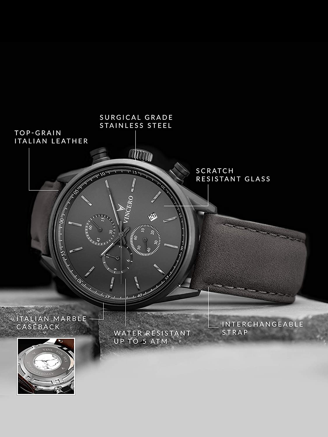 Vincero Luxury Men's Chrono S Wrist Watch - Top Grain Italian Leather Watch Band - 43mm Chronograph Watch - Japanese Quartz Movement…