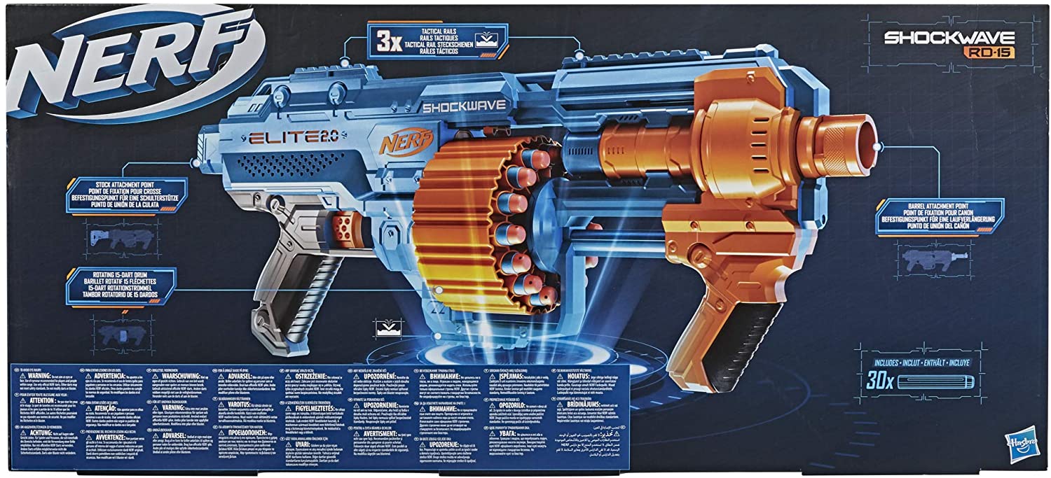 NERF Elite 2.0 Shockwave RD-15 Blaster, 30 Darts, 15-Dart Rotating Drum, Pump-Action Slam Fire, Built-in Customizing Capabilities