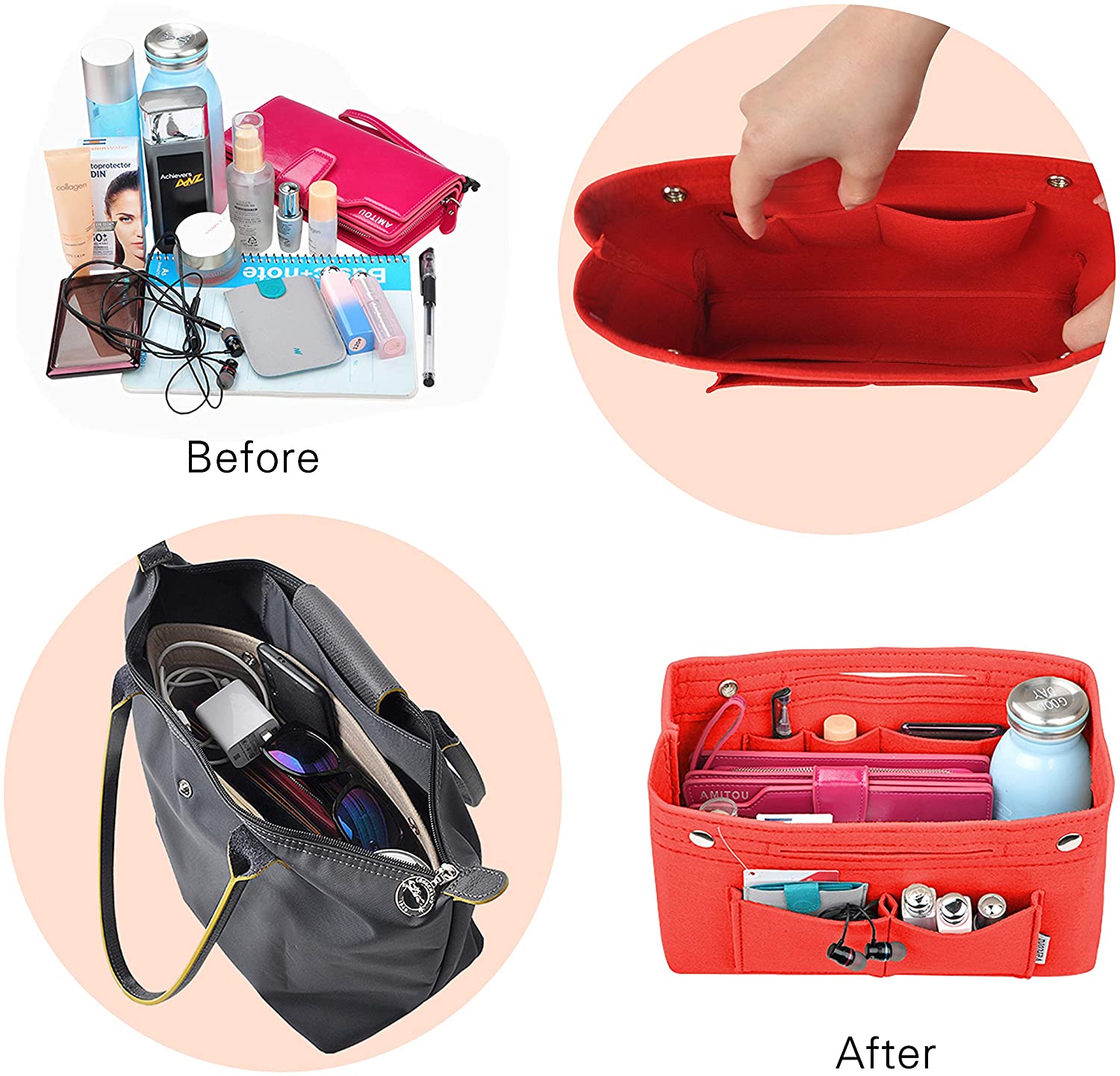 Vercord Felt Tote Handbag Purse Pocketbook Organizer Insert Divider Shaper Bag in Bag