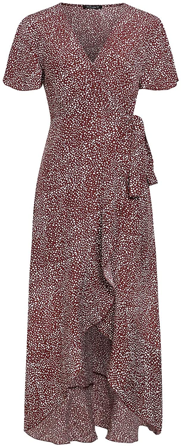 Miessial Women's Summer Chiffon V Neck Ruffle Maxi Dress Polka Dot Long Beach Wrap Dress