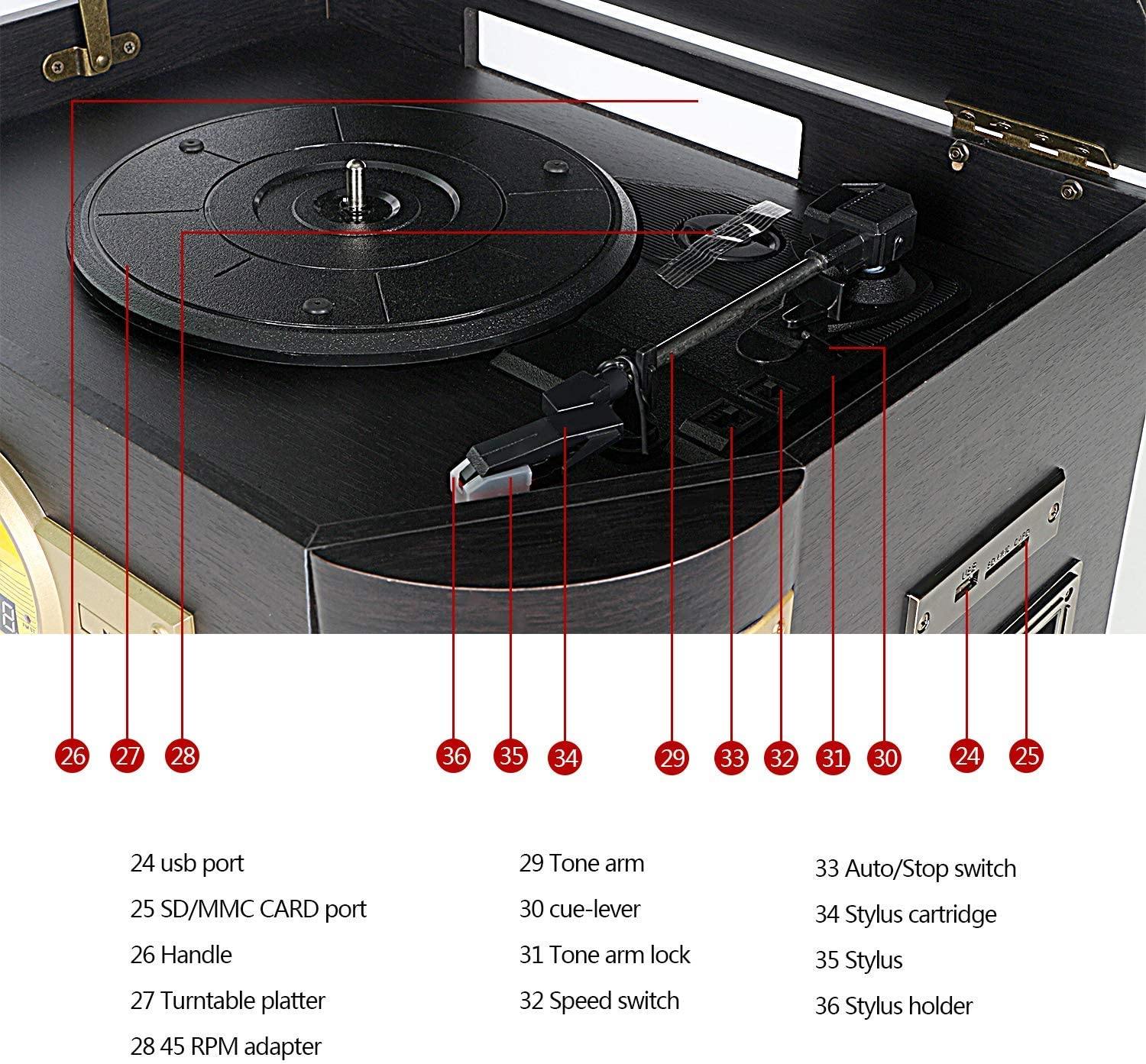 Cassette Record Player,Phonographs DLITIME 3-Speed Vinyl Turntable Built-in Bluetooth 2x9W Speakers - JOY2ESpree