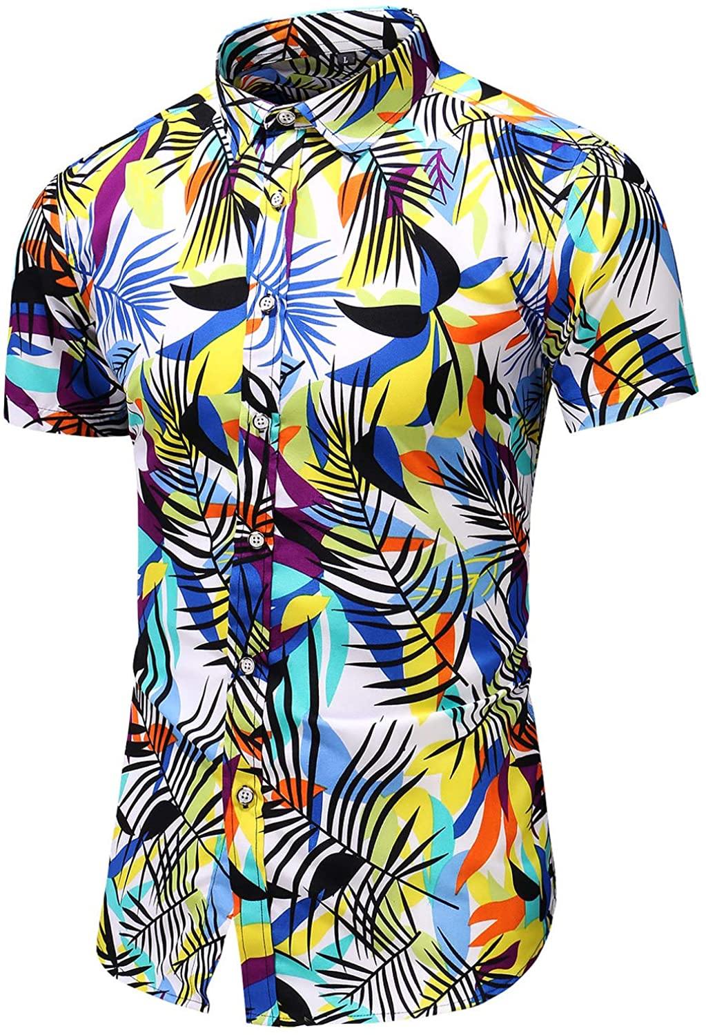 LEFTGU Men's Slim fit Floral Printed Beach Hawaiian Button-Down Dress Shirt