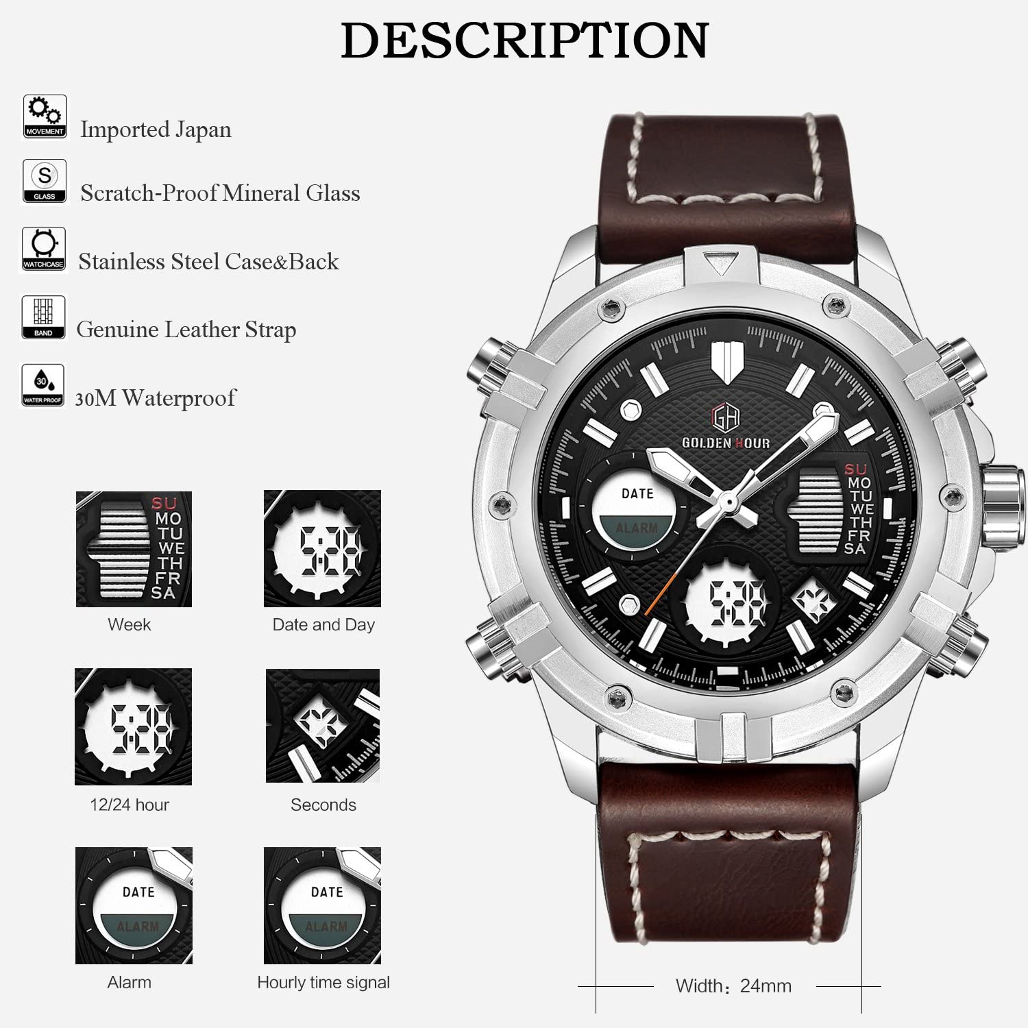 Mens Sport Watch Digital Analog Quartz Waterproof Multifunctional Military Leather Wrist Watches