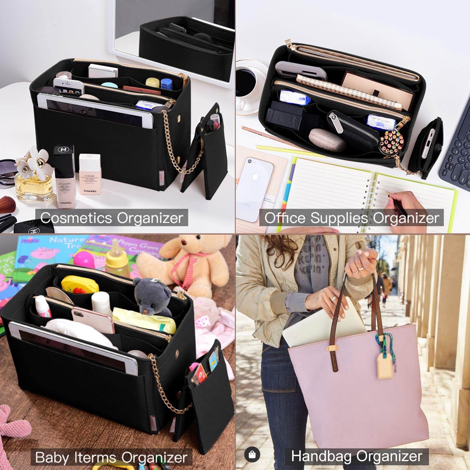 Purse Organizer, Purse Organizer Insert With 2 Metal Zipper, Bag Organizer With RFID Blocking Pocket Purse Organizer insert