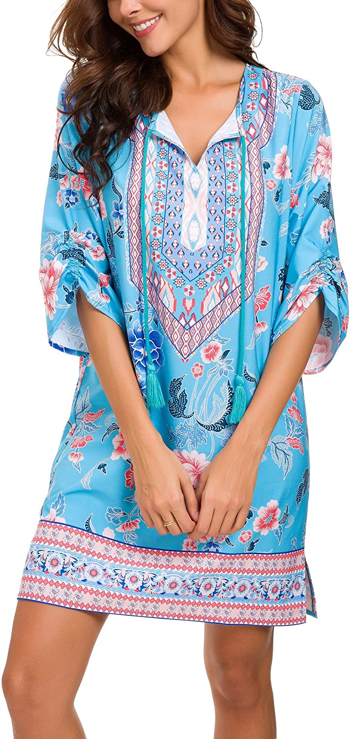 Women Bohemian Neck Tie Vintage Printed Ethnic Style Summer Shift Dress