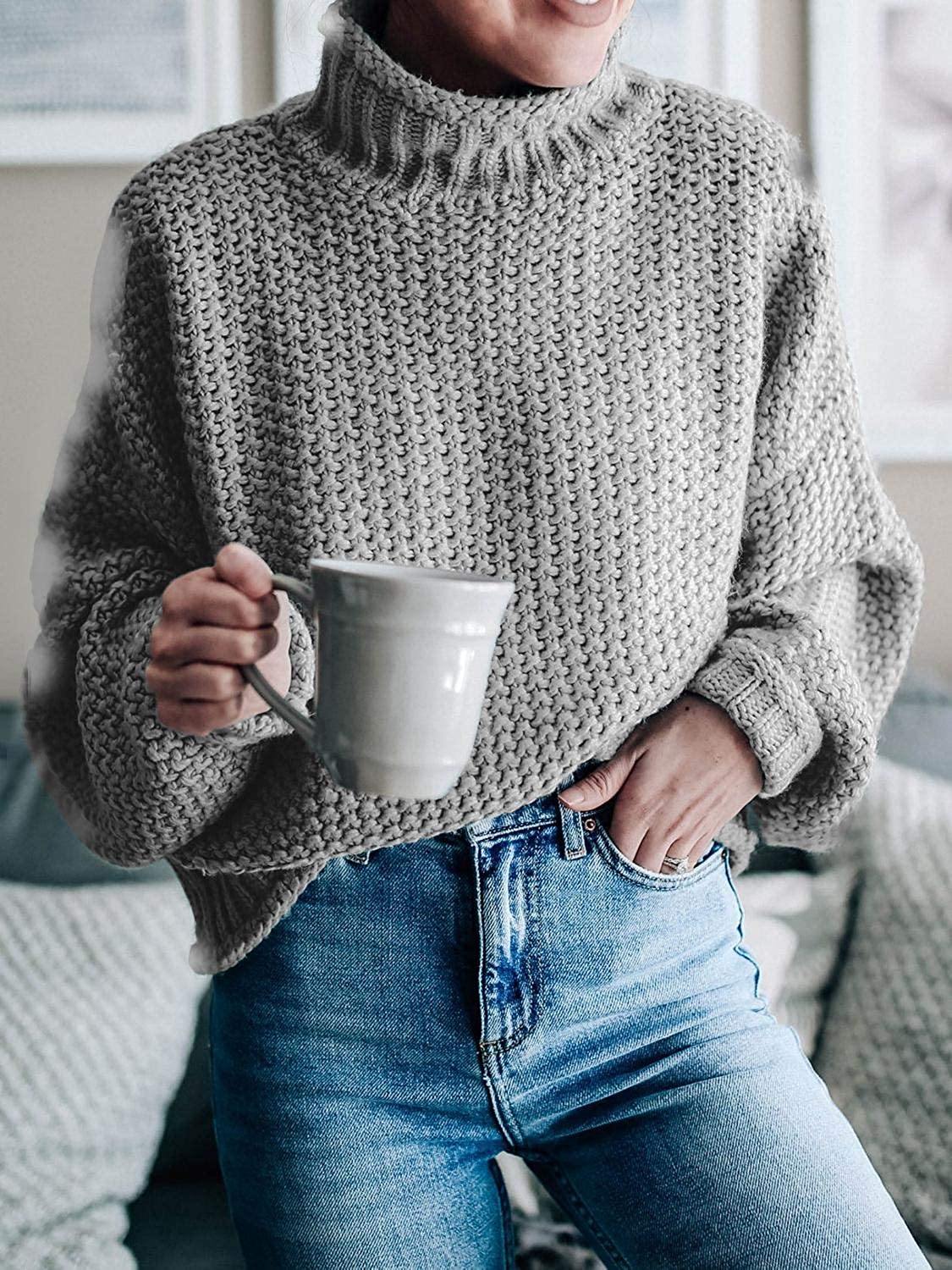 Saodimallsu Womens Turtleneck Oversized Sweaters Batwing Long Sleeve Pullover Loose Chunky Knit Jumper - JOY2ESpree