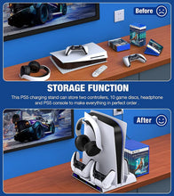 
                        
                          Load image into Gallery viewer, PS5 Accessories Stand Cooling Fan, PS5 Stand with Cooling Fan And Controller Charger Station for Playstation 5 Console - JOY2ESpree
                        
                      