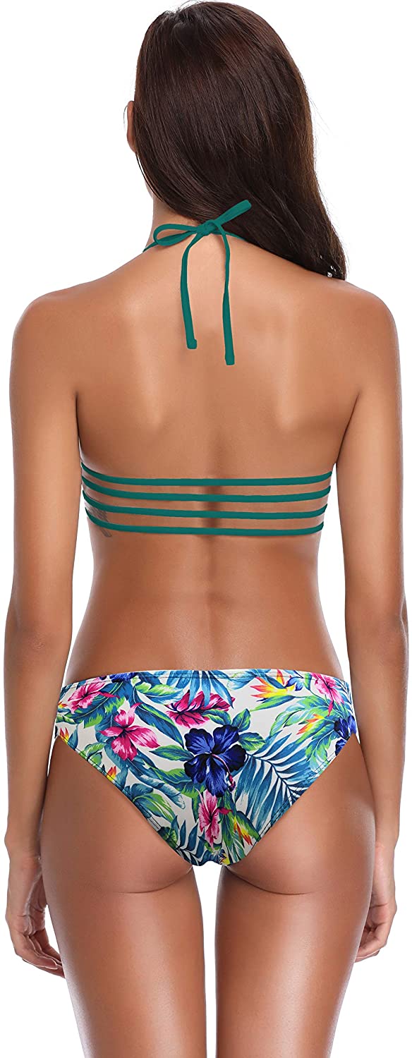 SHEKINI Women's Floral Printing Cutout Strappy Halter Swimsuits Bikini Suits