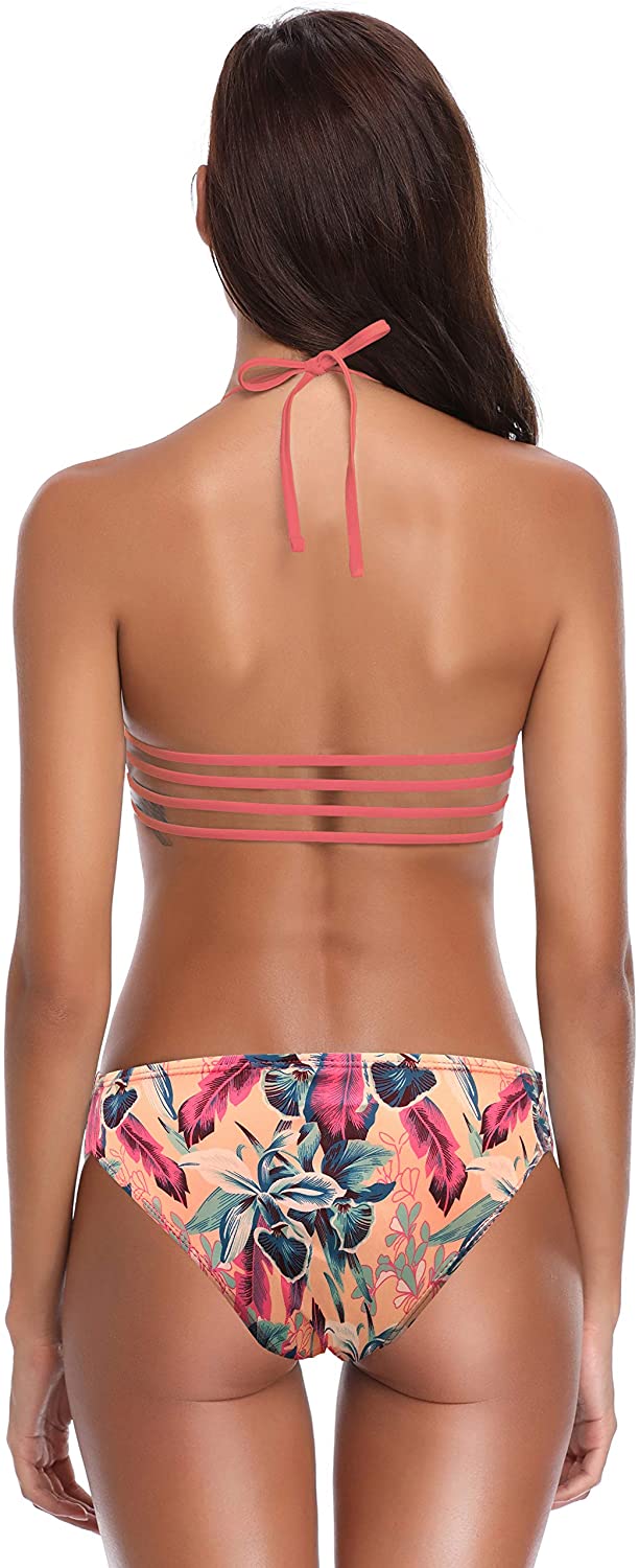 SHEKINI Women's Floral Printing Cutout Strappy Halter Swimsuits Bikini Suits