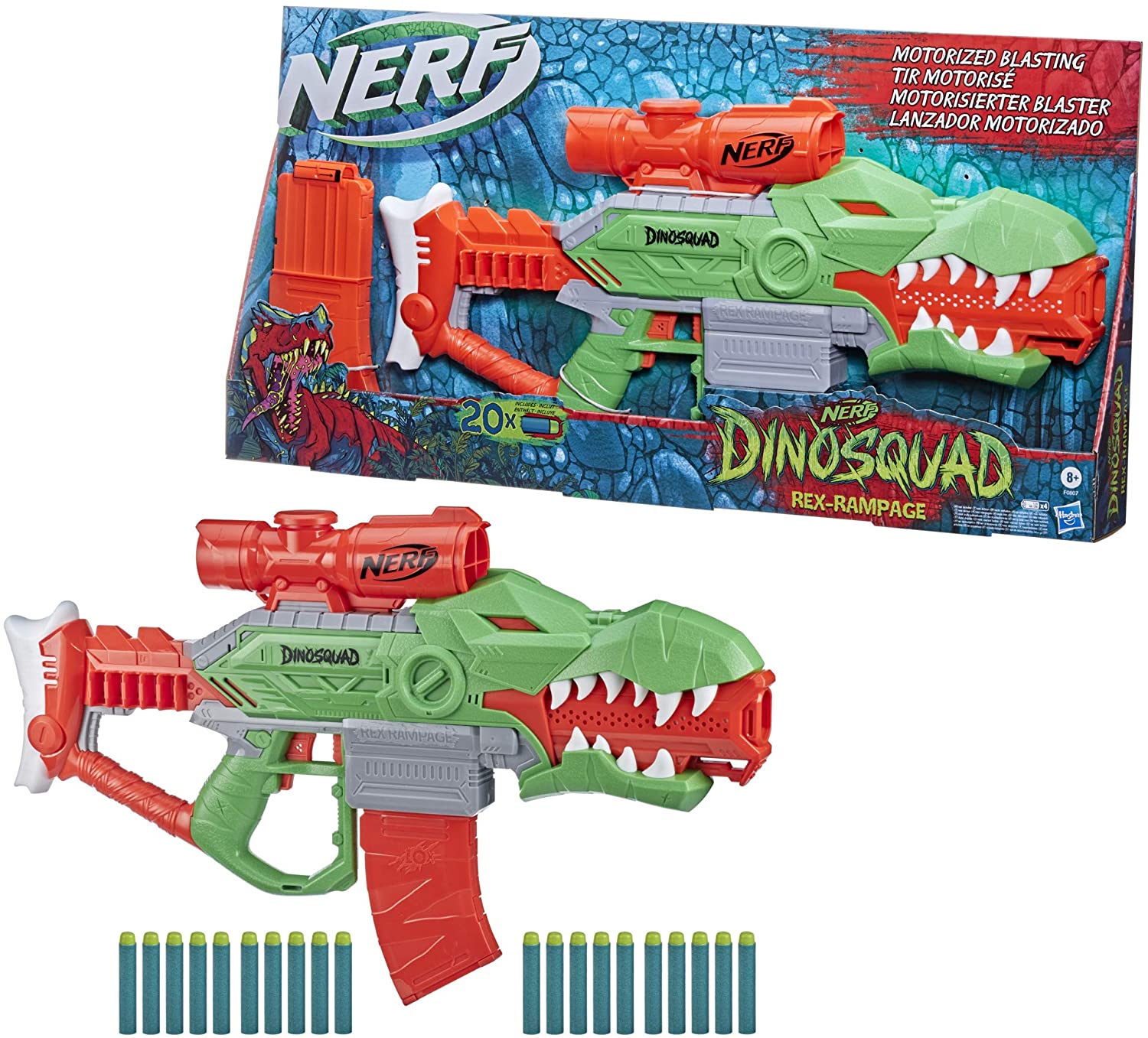 NERF DinoSquad Rex-Rampage Motorized Dart Blaster, 10-Dart Clip, 20 Official Darts, 10-Dart Storage- T-Rex Dinosaur Design