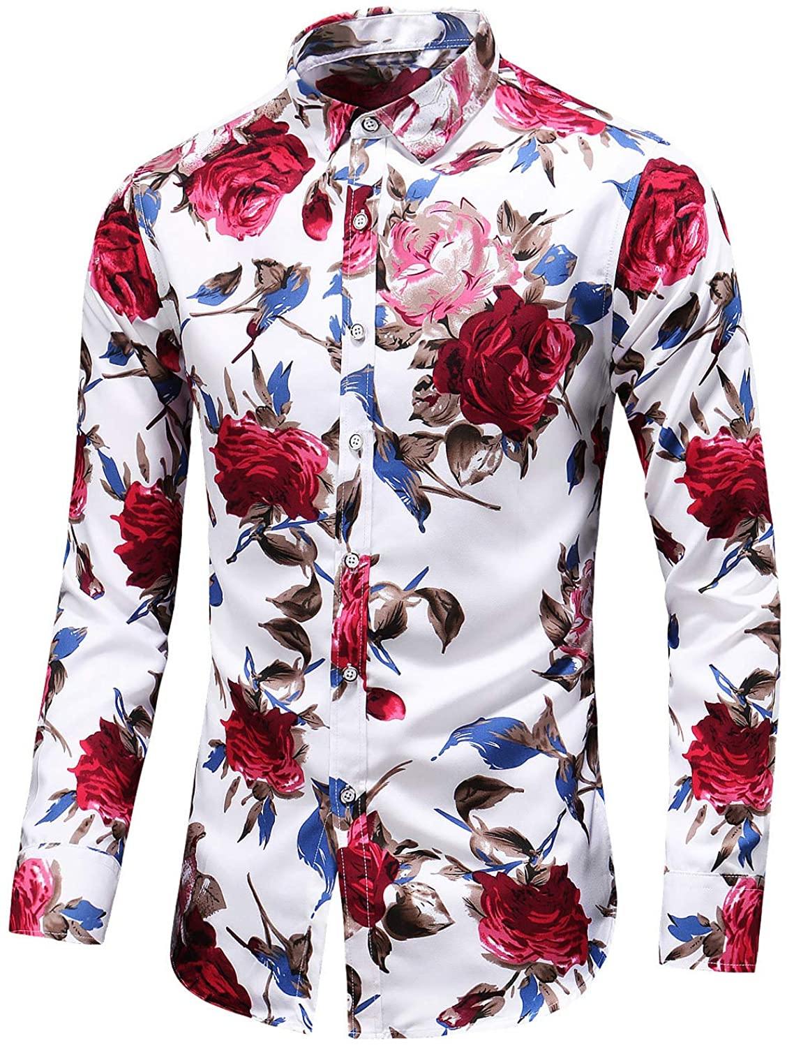 LEFTGU Men's Slim fit Floral Printed Beach Hawaiian Button-Down Dress Shirt