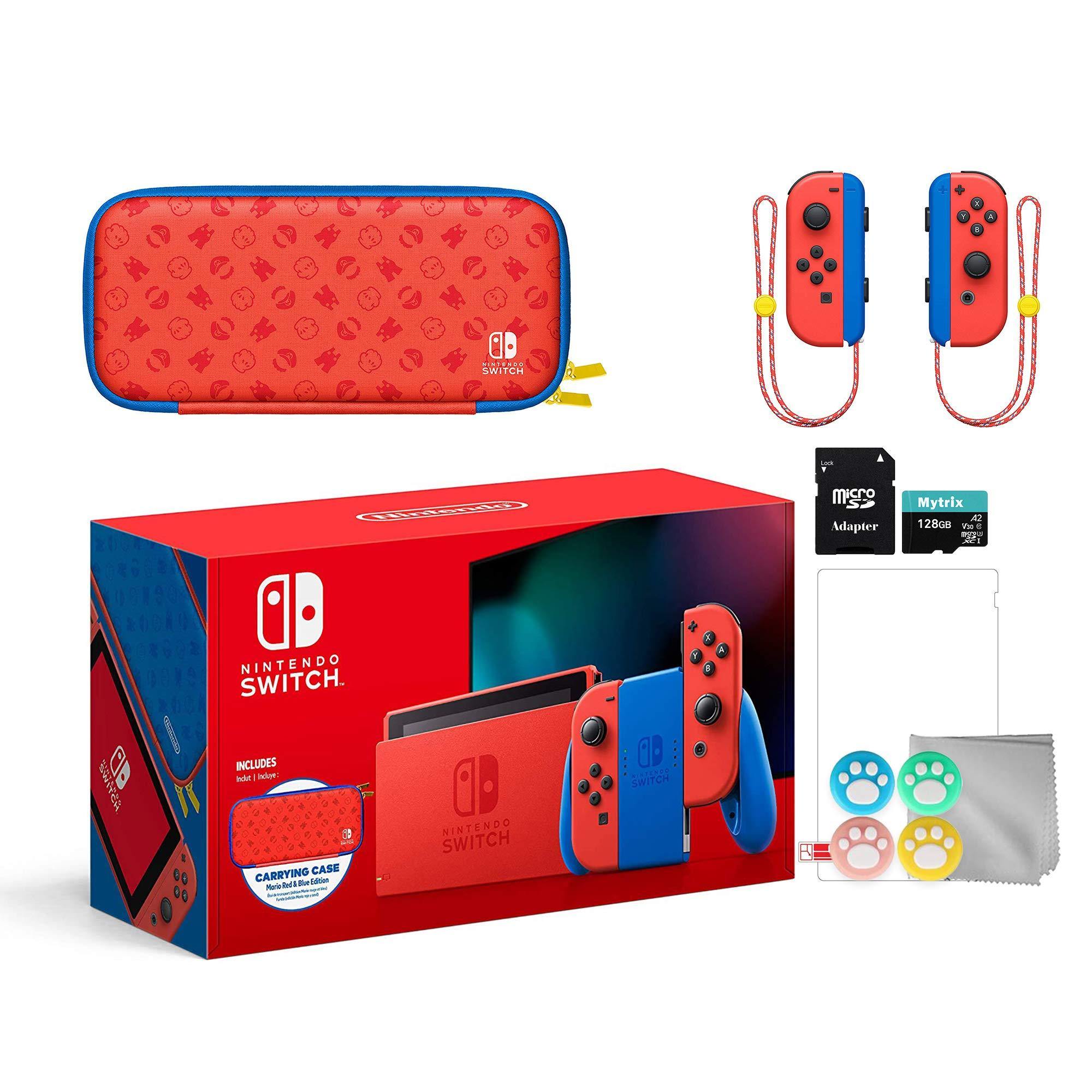Nintendo 2021 Switch Mario Red & Blue Limited Edition with Mario Iconography Carrying Case and Screen Protector Bundle with Mytrix Accessories - JOY2ESpree