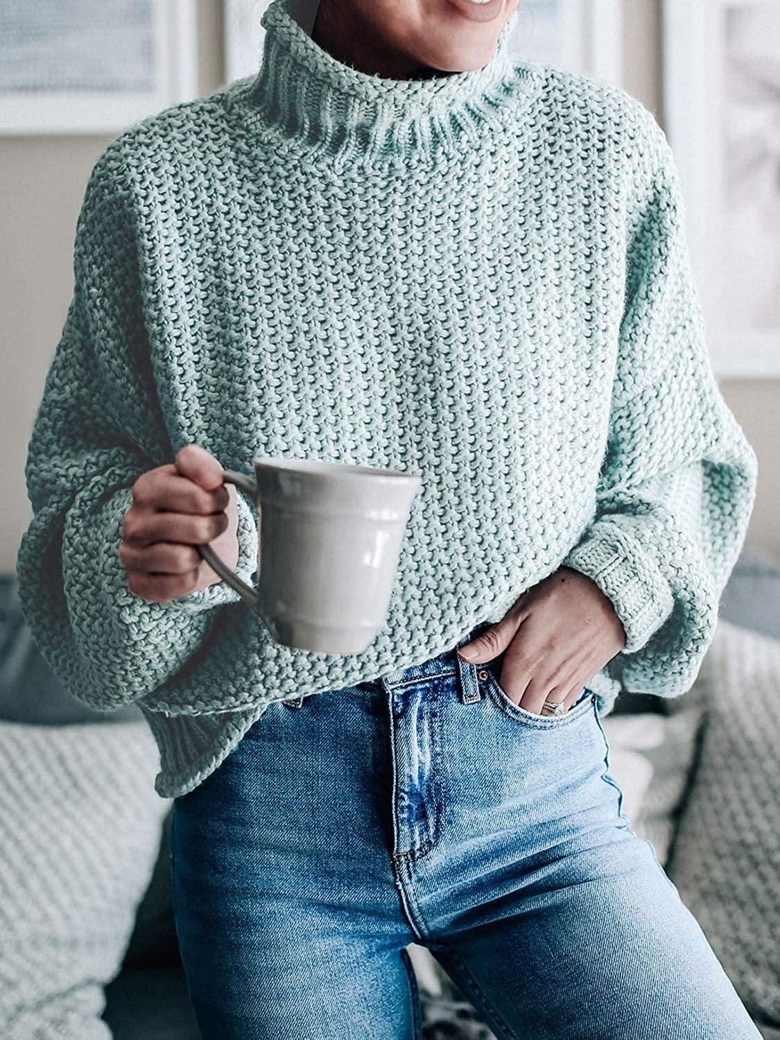 Saodimallsu Womens Turtleneck Oversized Sweaters Batwing Long Sleeve Pullover Loose Chunky Knit Jumper - JOY2ESpree