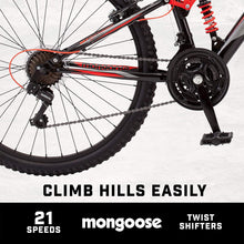 
                        
                          Load image into Gallery viewer, Mongoose Status 2.2 Mens and Womens Mountain Bike, 26-Inch Wheels, 21-Speed Shifters, Aluminum Frame, Front Suspension,a Black/Red
                        
                      
