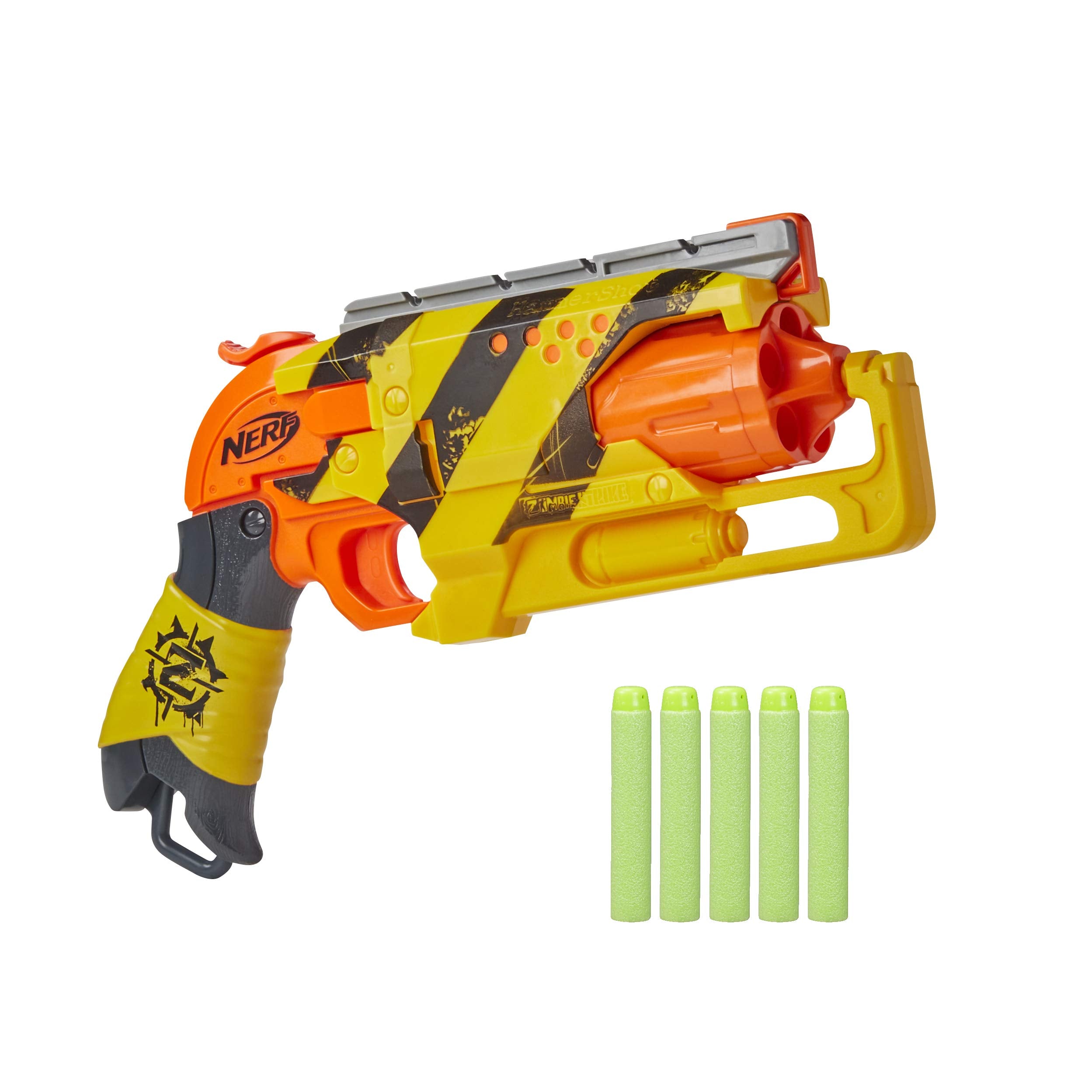 NERF Zombie Strike Hammershot Blaster -- Pull-Back Hammer-Blasting Action, 5 Official Zombie Strike Darts -- Stripes Color Scheme (Amazon Exclusive)