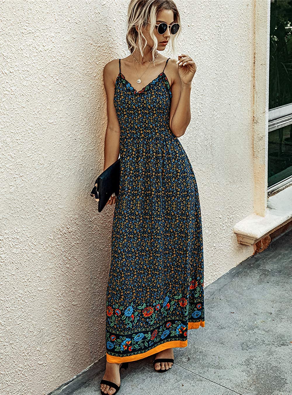 KIRUNDO 2021 Summer Women’s Spaghetti Maxi Dress V Neck High Waist Backless Dress
