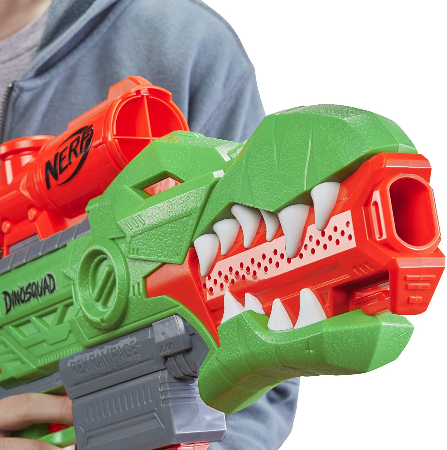 NERF DinoSquad Rex-Rampage Motorized Dart Blaster, 10-Dart Clip, 20 Official Darts, 10-Dart Storage- T-Rex Dinosaur Design