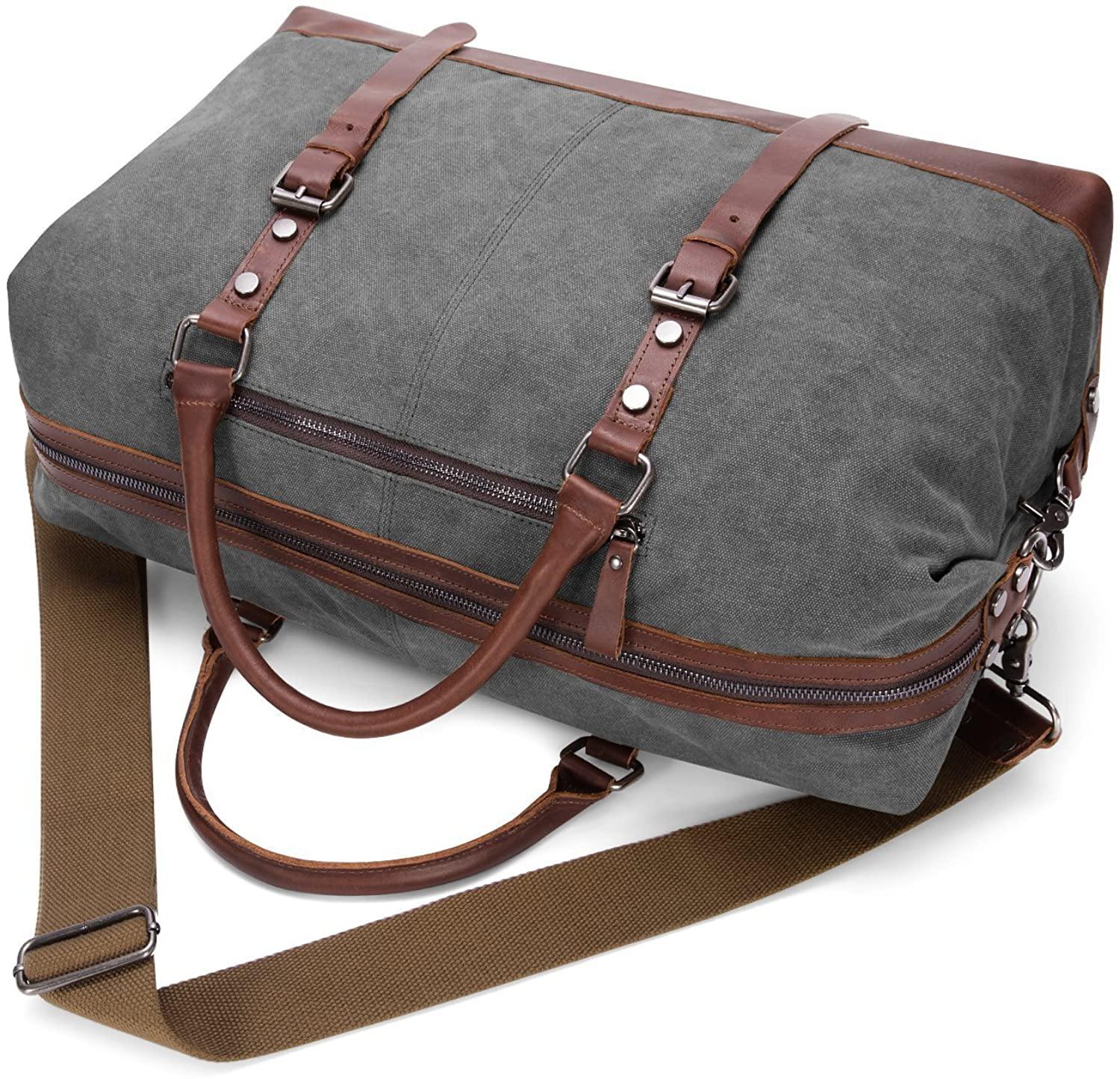 BAOSHA Canvas PU Leather Travel Tote Duffel Bag Carry on Bag Weekender Overnight Bag - JOY2ESpree