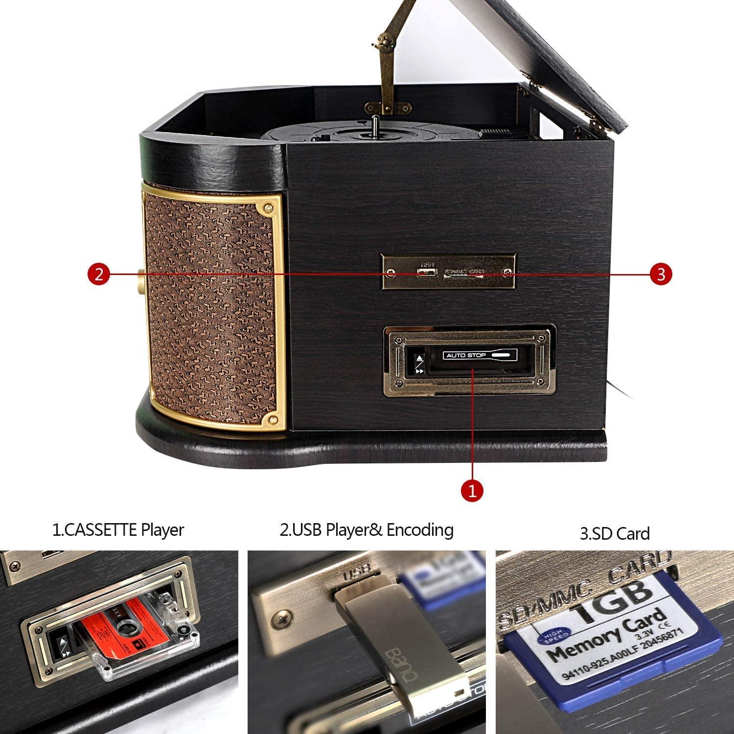 Cassette Record Player,Phonographs DLITIME 3-Speed Vinyl Turntable Built-in Bluetooth 2x9W Speakers - JOY2ESpree