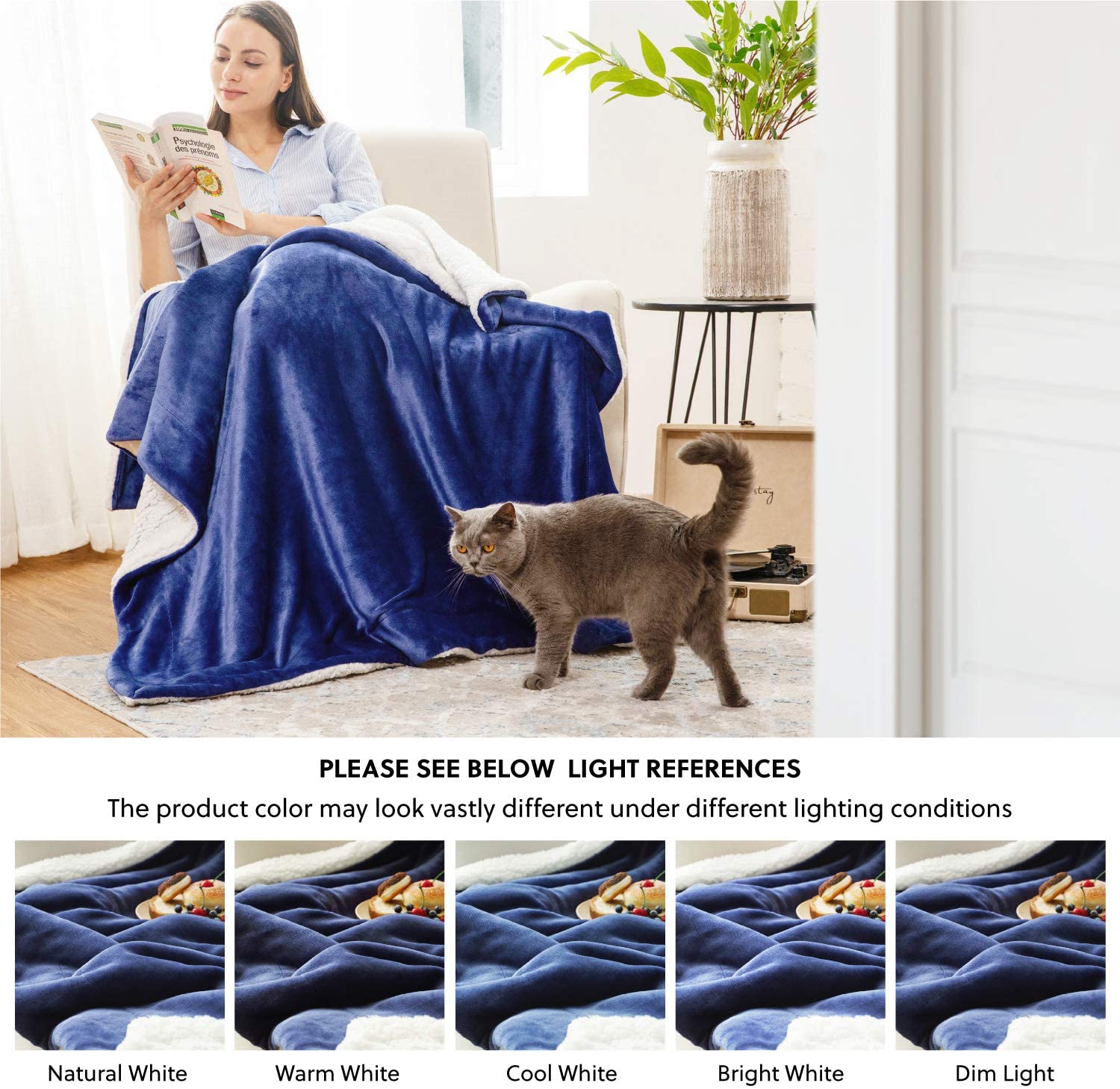 Bedsure Sherpa Fleece Blanket Throw Size Navy Lightweight Super Soft Cozy Luxury Bed Blanket Microfiber