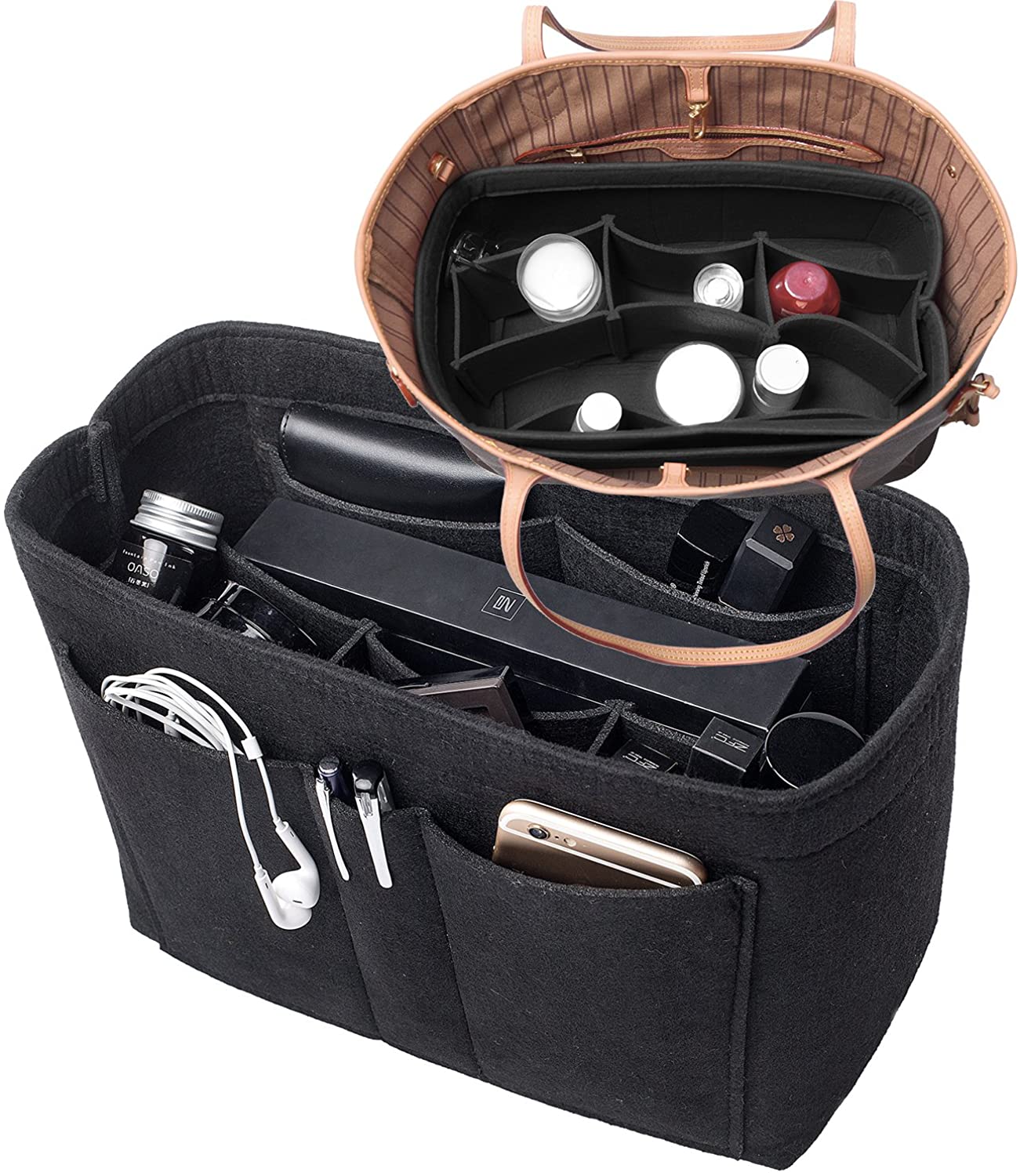 Purse Bag Organizer Insert with Lots of Different Size Spaces Divider Shaper for Speedy Shoulder Hobo Bag Keep Stuff Organized