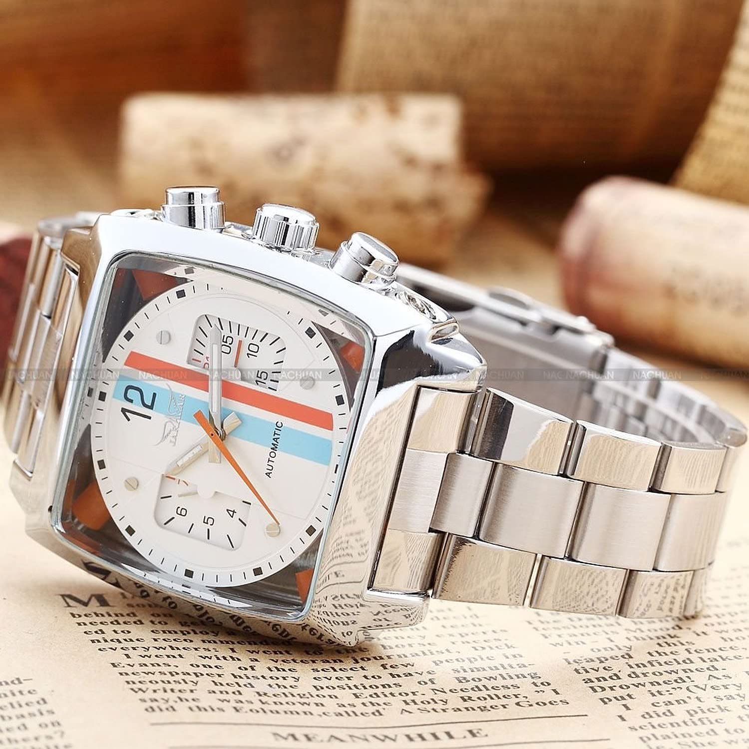 Fanmis Mens Automatic Analog Oblong Date Silver Stainless Steel Wrist Watch Business Luminous Watch