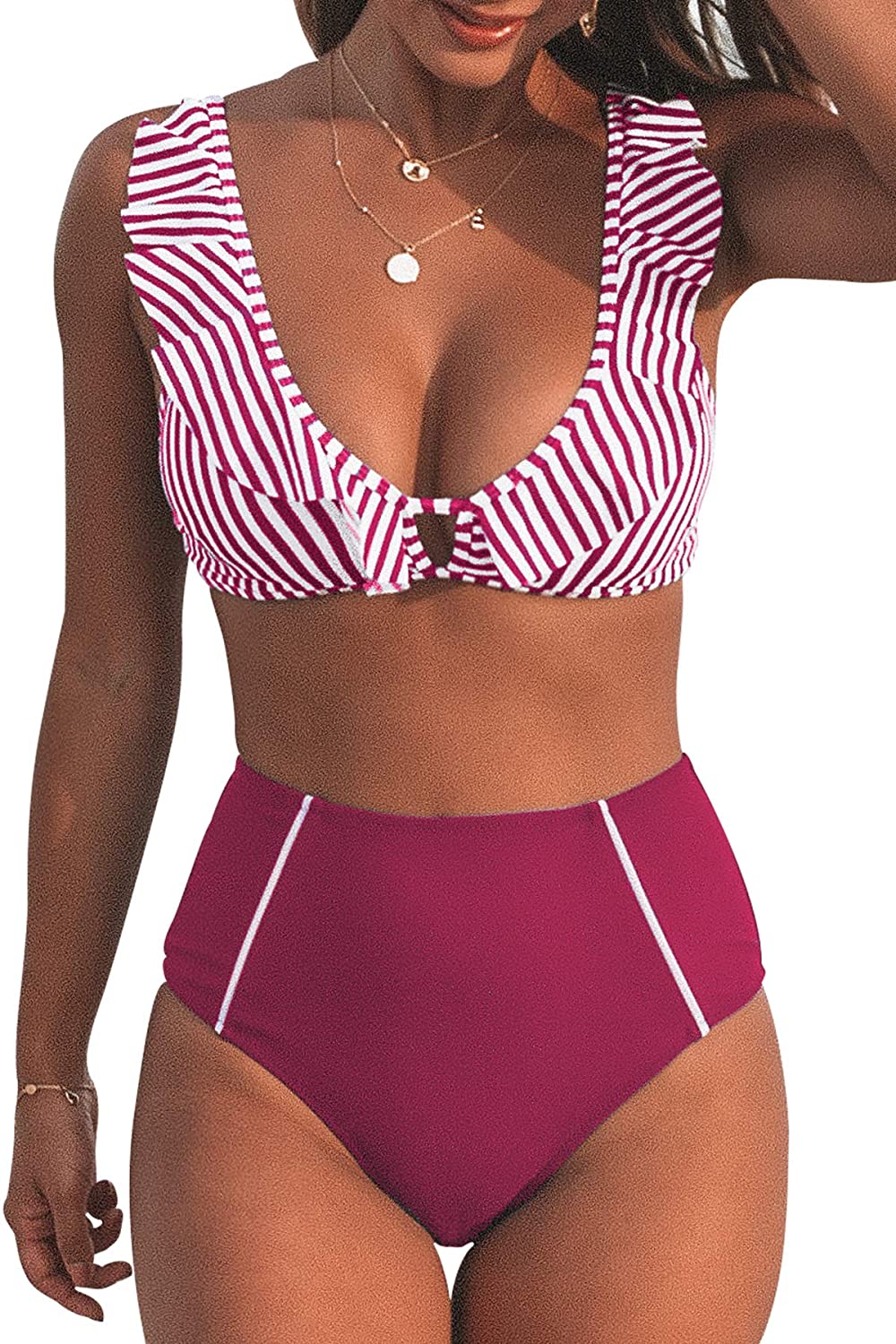 CUPSHE Women's High Waist Bikini Swimsuit Ruffle Floral Print Two Piece Bathing Suit