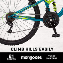 
                        
                          Load image into Gallery viewer, Mongoose Status 2.2 Mens and Womens Mountain Bike, 26-Inch Wheels, 21-Speed Shifters, Aluminum Frame, Front Suspension,a Black/Red
                        
                      