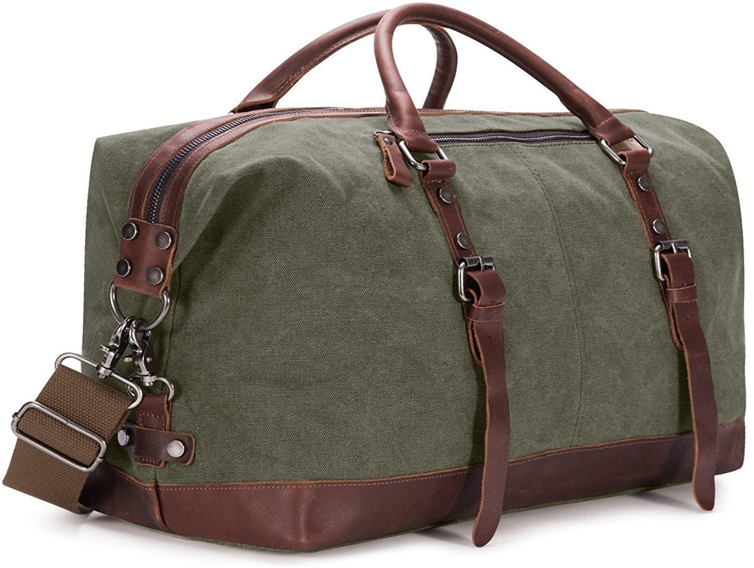 BAOSHA Canvas PU Leather Travel Tote Duffel Bag Carry on Bag Weekender Overnight Bag - JOY2ESpree