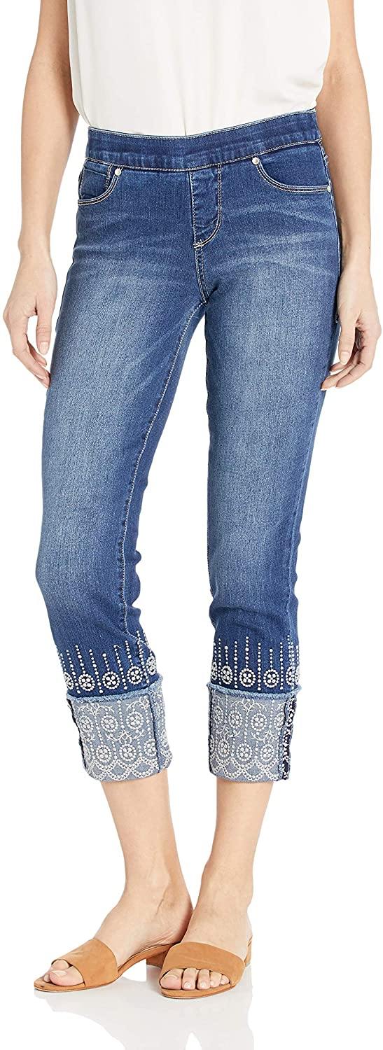 Jag Jeans Women's Lewis Straight Cuffed Pull on Crop with Embroidery