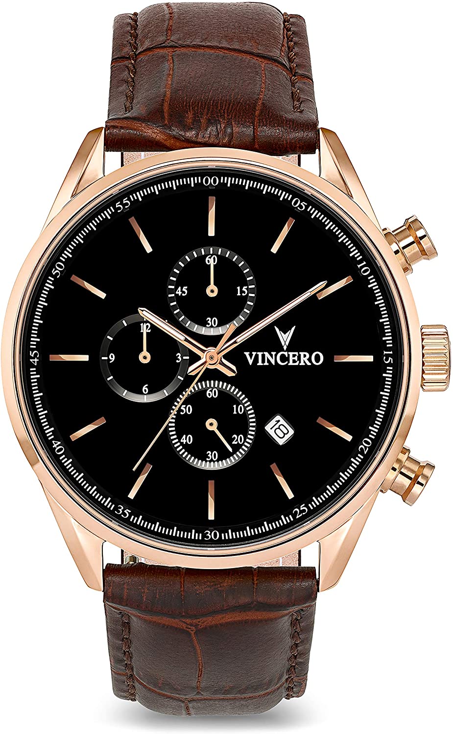 Vincero Luxury Men's Chrono S Wrist Watch - Top Grain Italian Leather Watch Band - 43mm Chronograph Watch - Japanese Quartz Movement…
