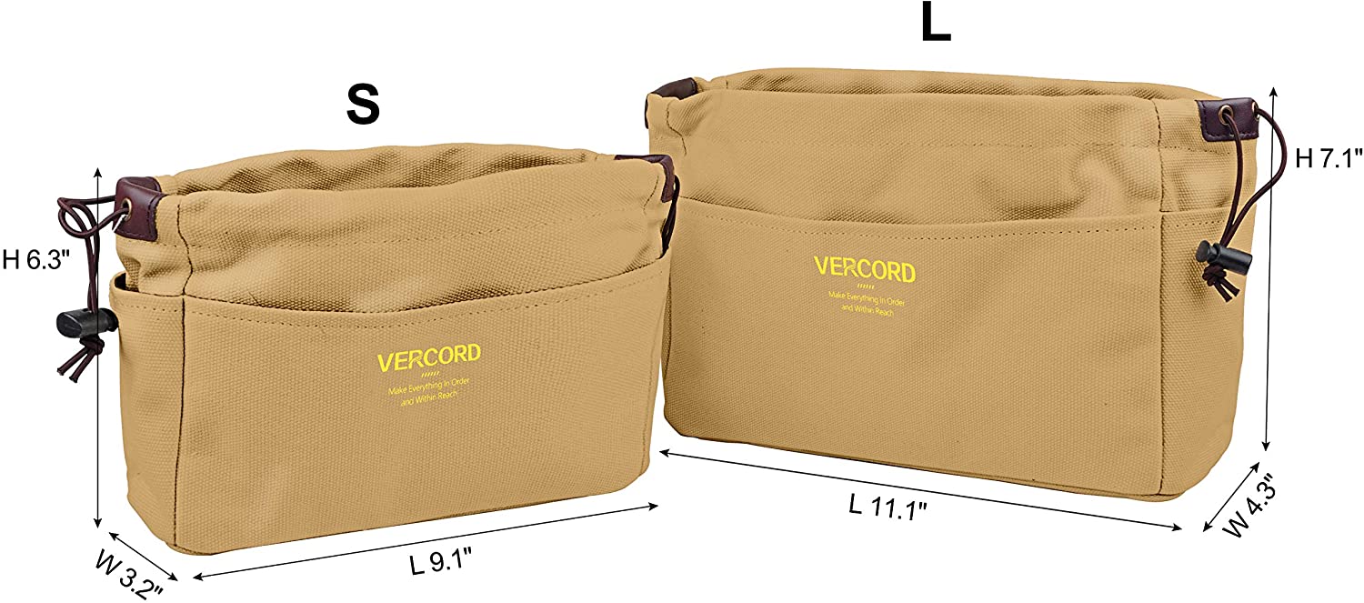 Vercord Canvas Handbag Organizers, Sturdy Purse Insert Organizer Bag in Bag, 10 Pockets Beige Small