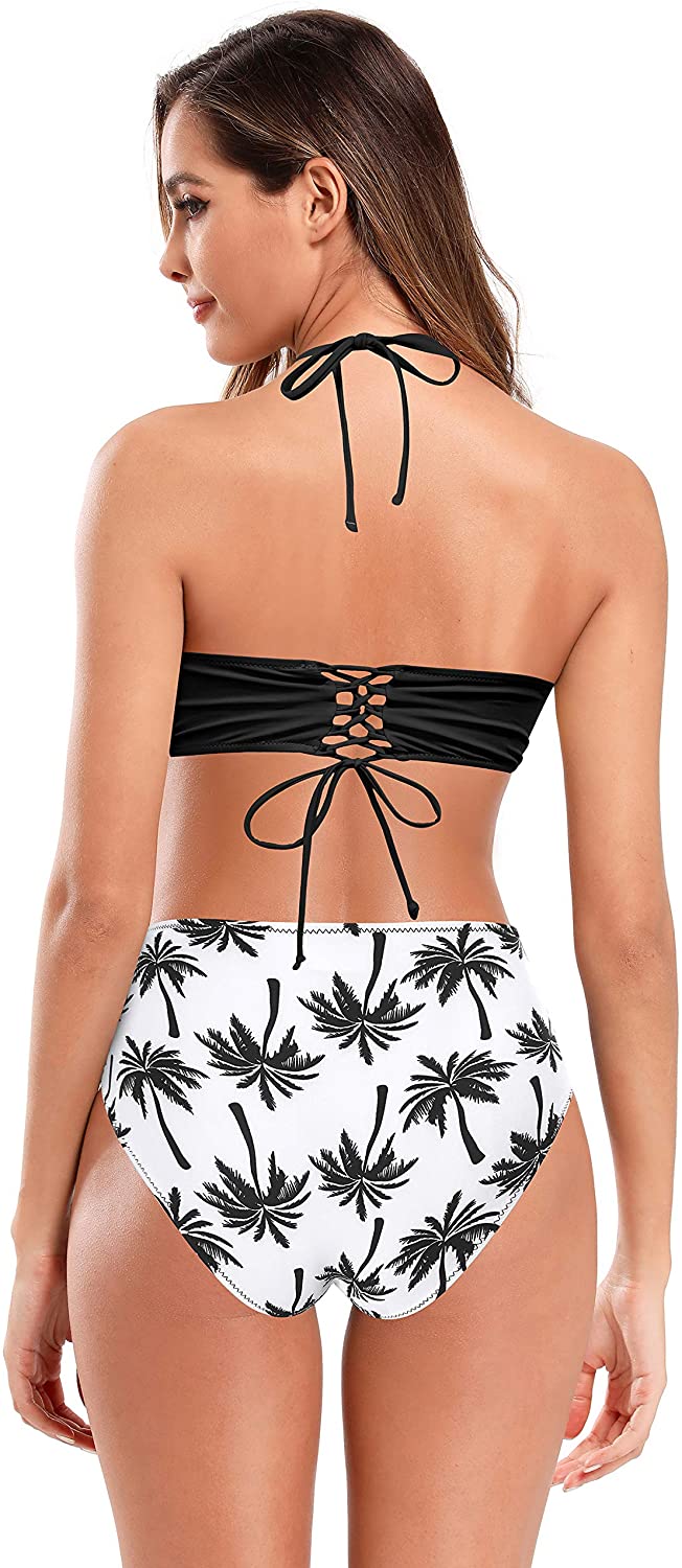 SHEKINI Women's Floral Printing Cutout Strappy Halter Swimsuits Bikini Suits