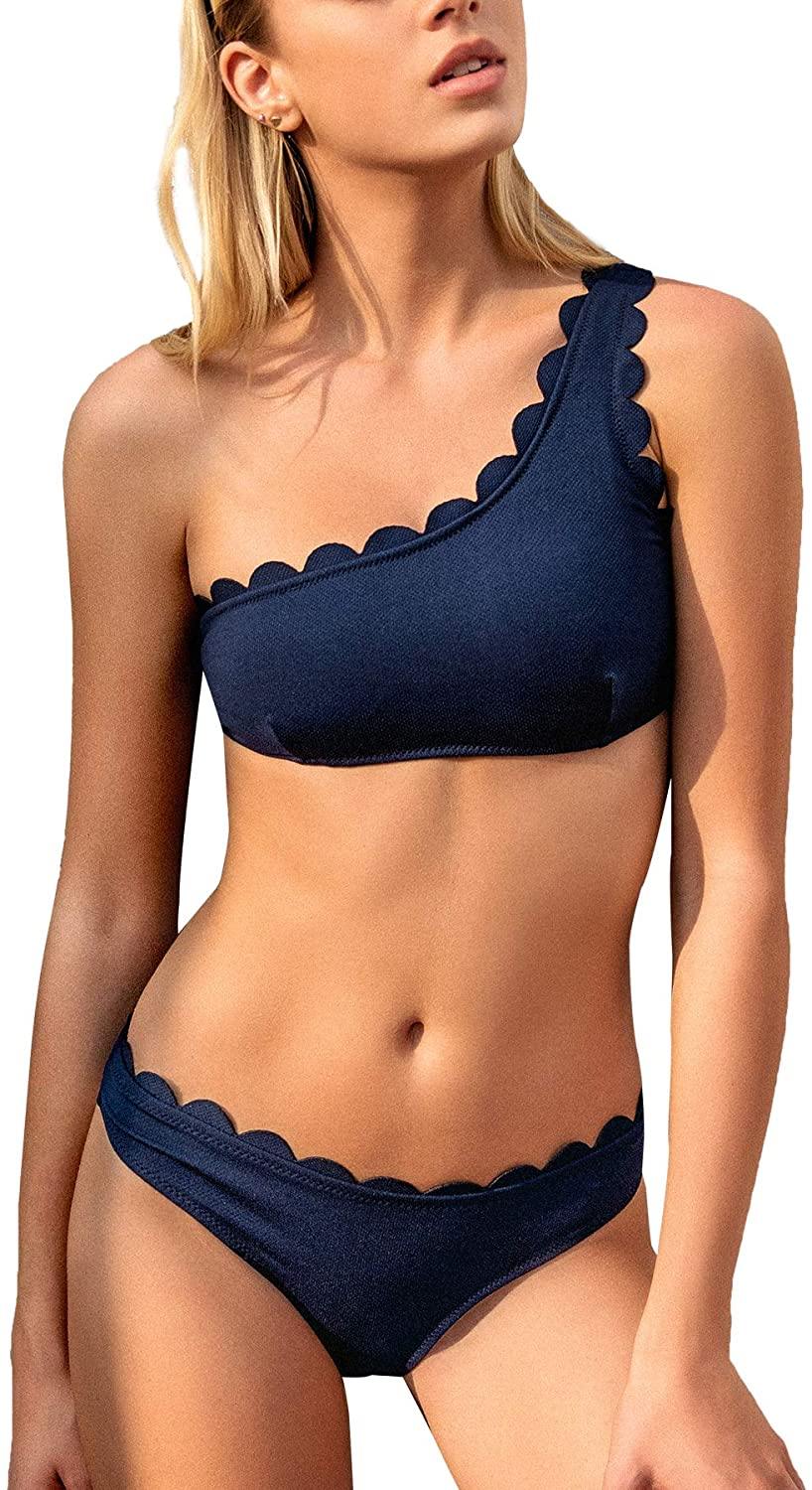 CUPSHE Women's Solid Wavy Edge One-Shoulder Bikini Set Rain of Petals - JOY2ESpree
