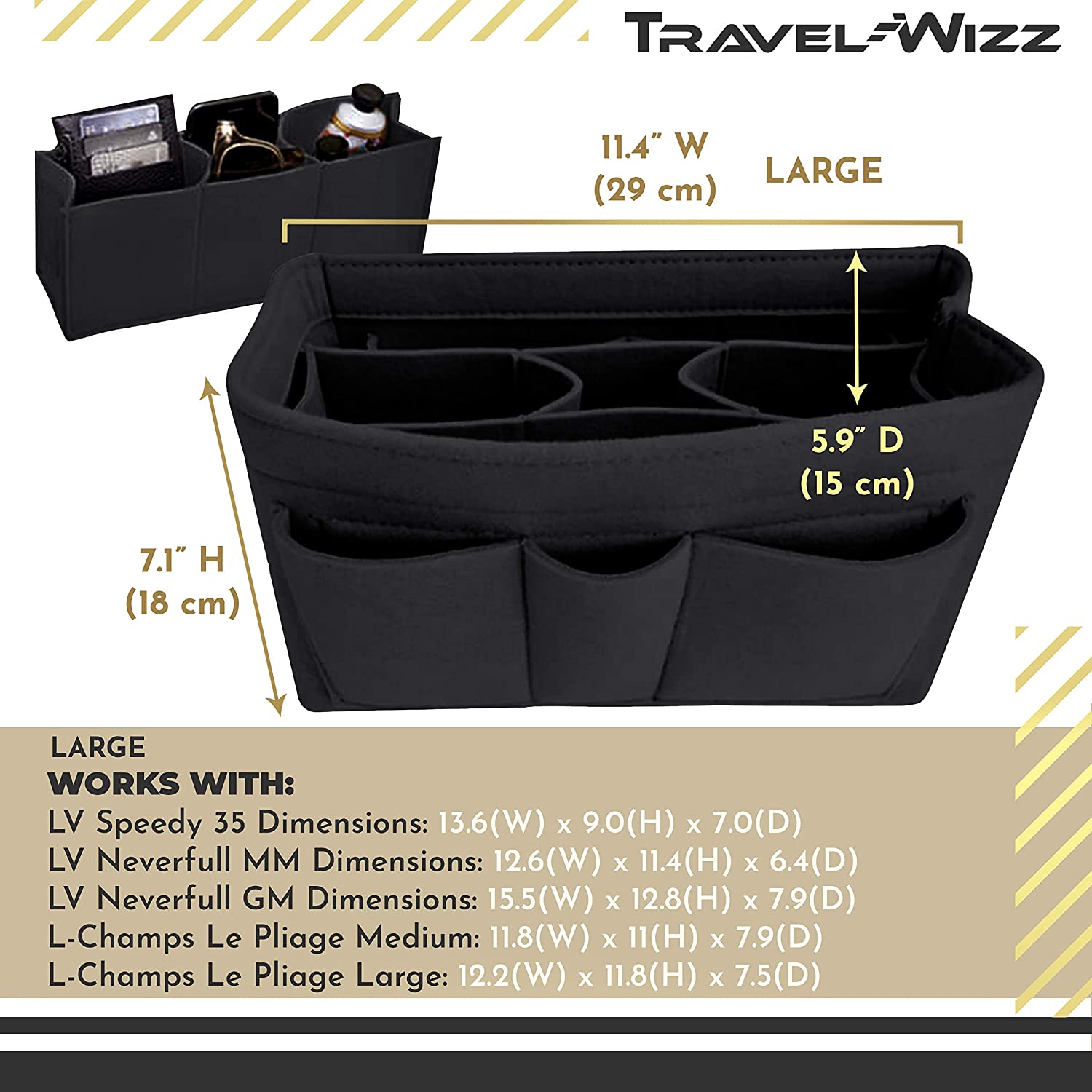 Handbag Organizer - 2in1 Purse Organizer Insert with Inner Zipped Pocket - Tote Shaper fits Speedy Neverfull - Grey Medium