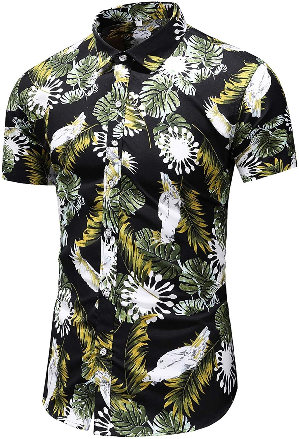 LEFTGU Men's Slim fit Floral Printed Beach Hawaiian Button-Down Dress Shirt