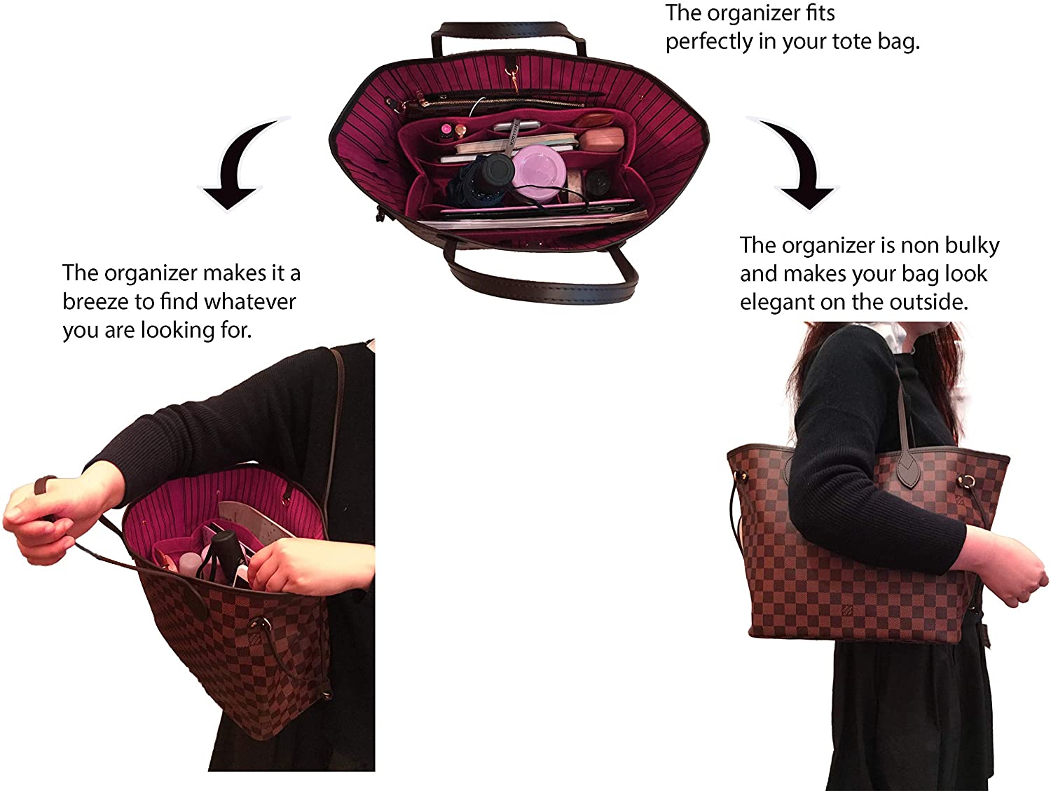 Felt Tote Bag Organizer Insert with Pockets, Handbag Purse Shaper, fits Neverfull, Speedy, Longchamp, etc.