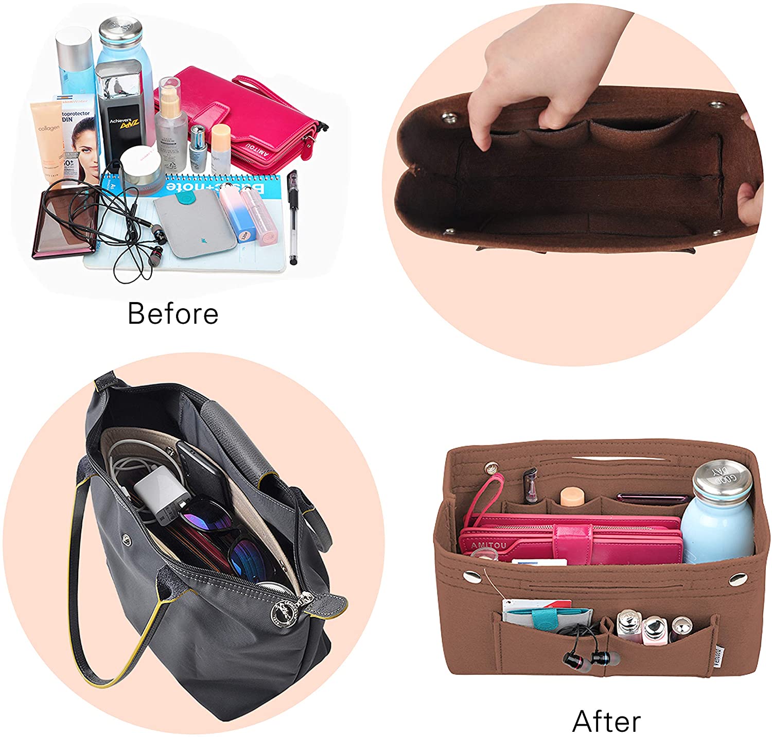 Vercord Felt Tote Handbag Purse Pocketbook Organizer Insert Divider Shaper Bag in Bag