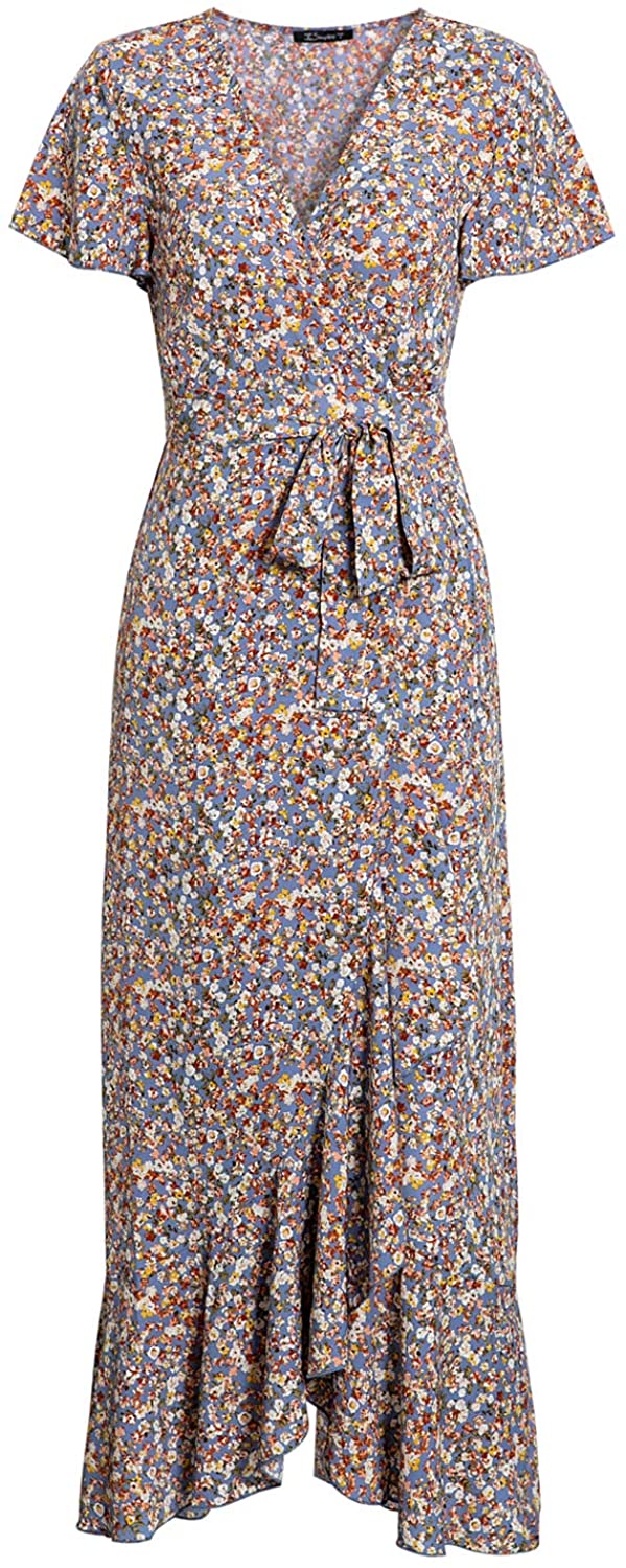 Miessial Women's Summer Chiffon V Neck Ruffle Maxi Dress Polka Dot Long Beach Wrap Dress