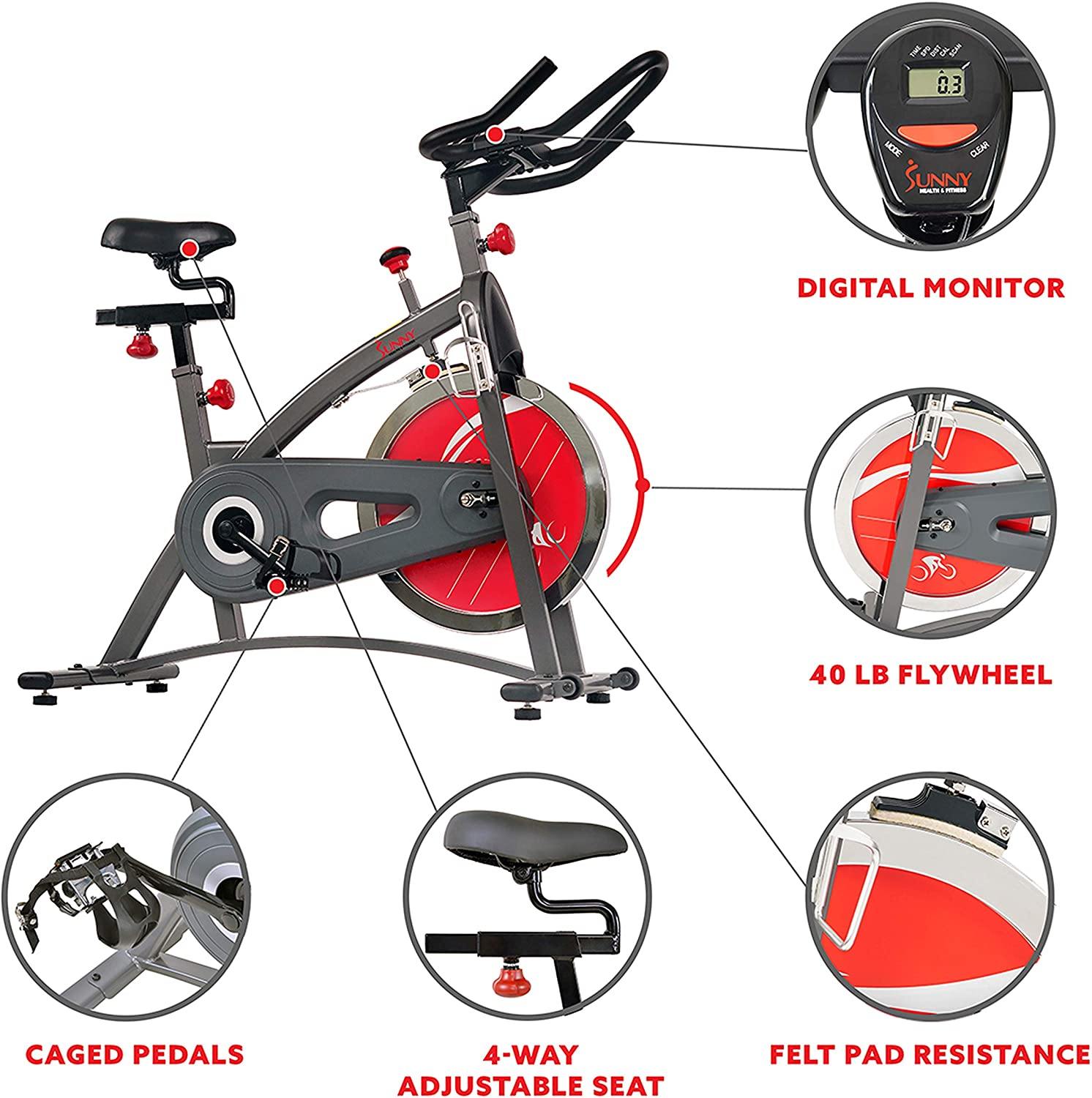 Sunny Health & Fitness Indoor Cycling Exercise Bike with LCD Monitor, 40 lb chrome Flywheel, 265 lb Max Weight - SF-B1423/C - JOY2ESpree